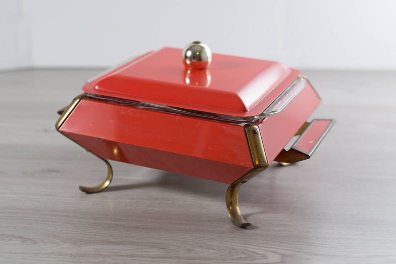 Vintage Casserole Dish  Coral and Brass Dinner Dish Warmer  Space Age Atomic Square