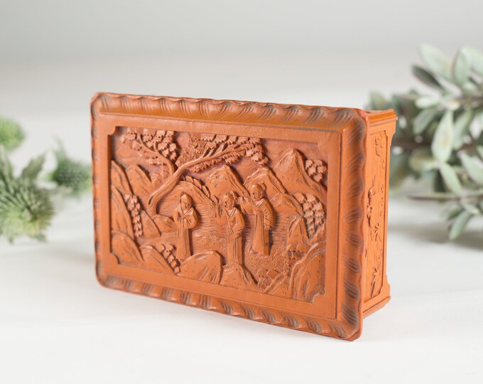Antique "Oriental Lacquer" - Orange Coloured Chinese Carved Lacquered Ware Gift Box  - Vintage Asian Art