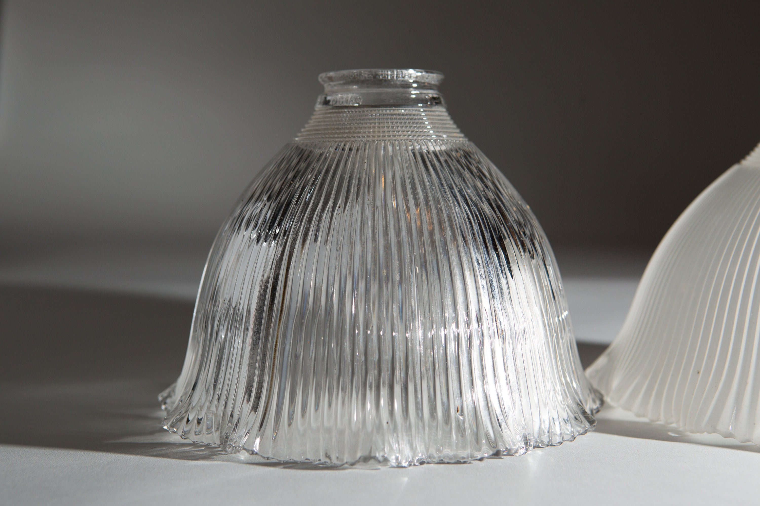 Vintage Holophane Glass Shade Prismatic Light Pendant Ruffled Fixture