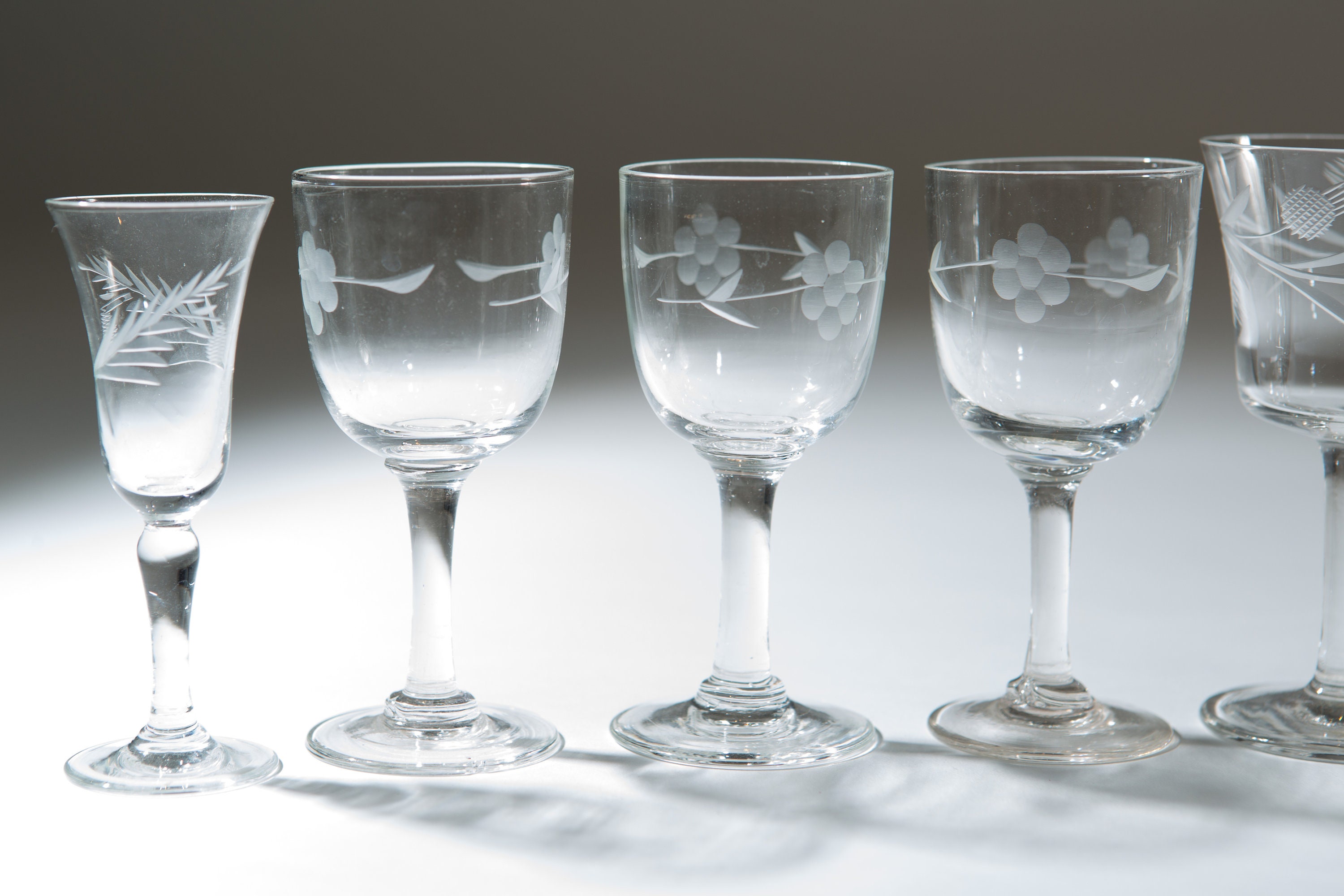 20 Vintage Etched Aperitif Glasses Floral Geometric Antique Glasses