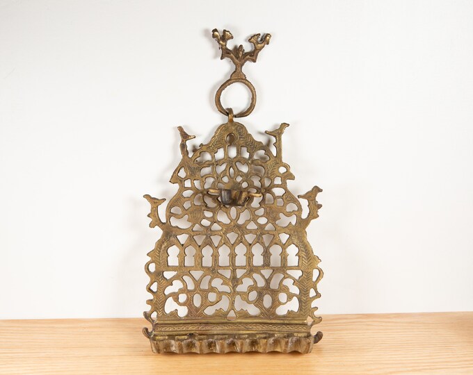 Antique Morocco Menorah - Cast Brass Wall Hanging 1800's - Judaic Art -  Judaica Hanukkah Candle Holder
