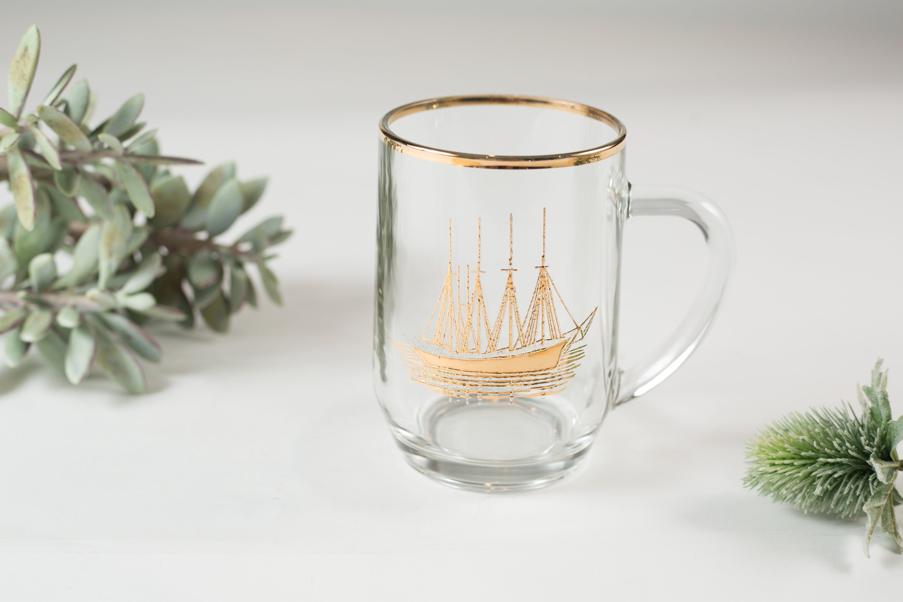 Nautical Ship Mug Gold Decal Vintage Sailboat Beer or Cocktail Glass