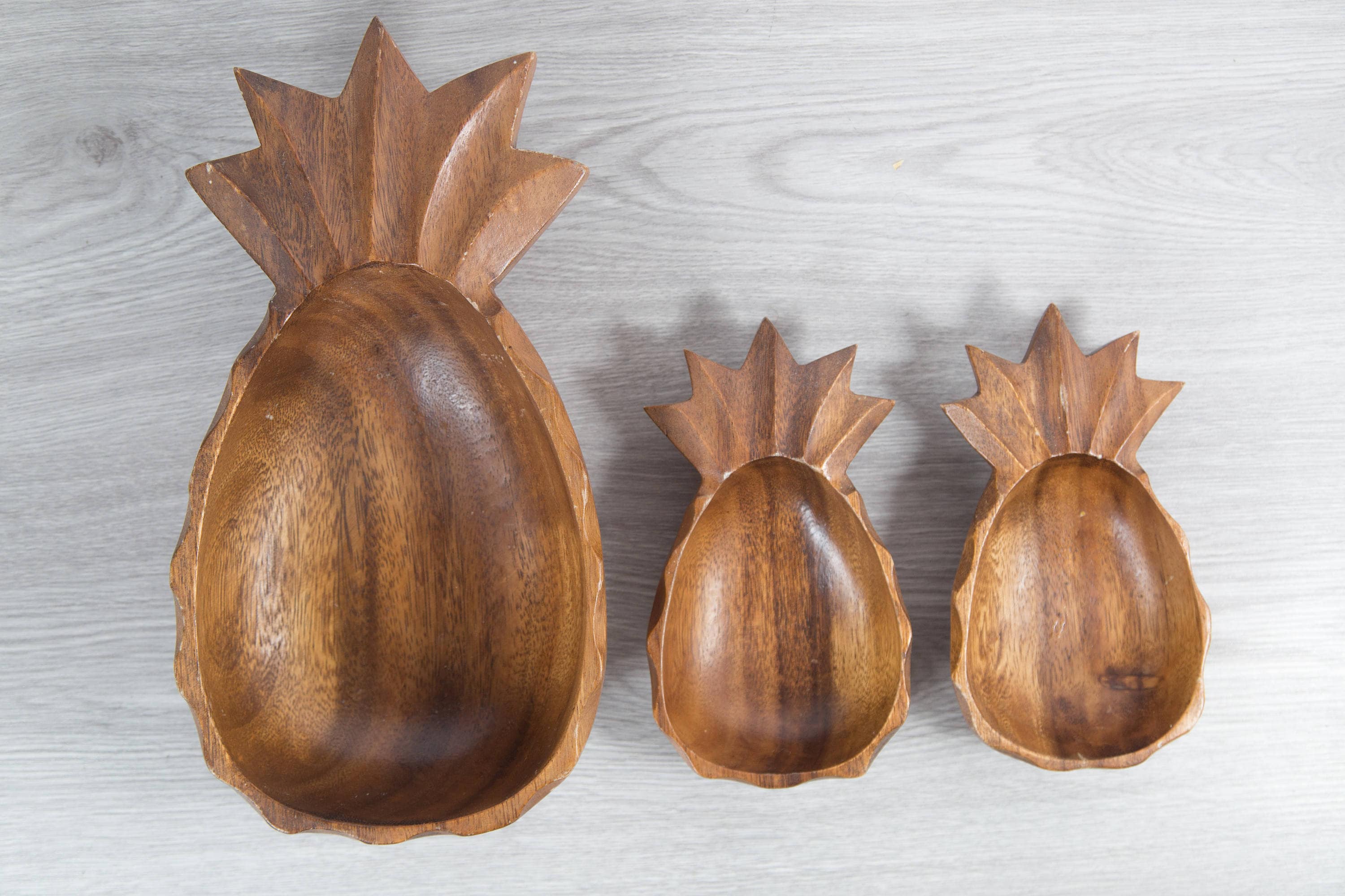 Wood Pineapple Salad Bowl Set / Vintage Solid Exotic Monkeypod Food