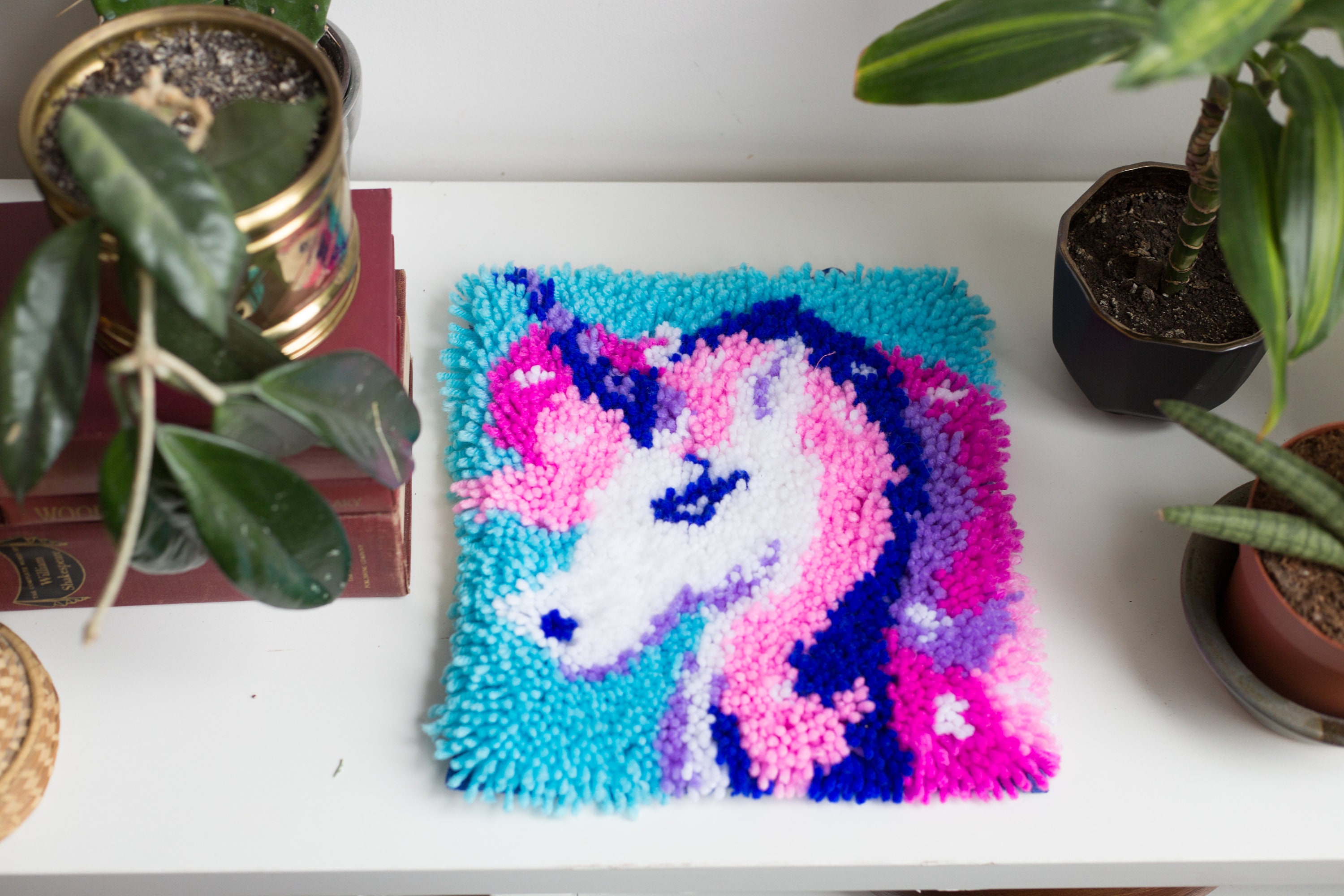 Vintage Unicorn Needlepoint Artwork 11x11 inches Pink Purple and Blue