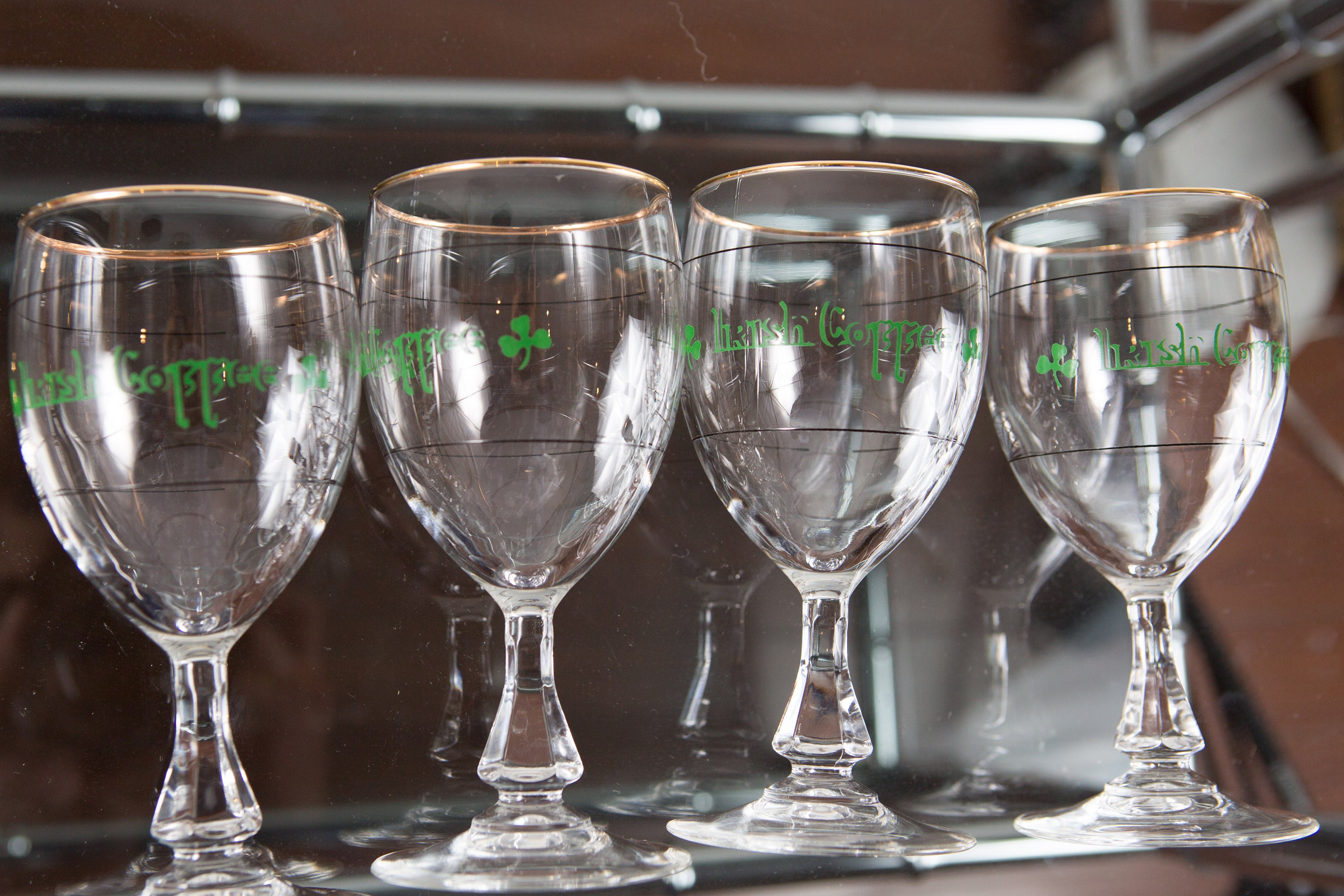 4 Irish Coffee Glasses Vintage Gold Rim Lucky Charm Specialty Coffee