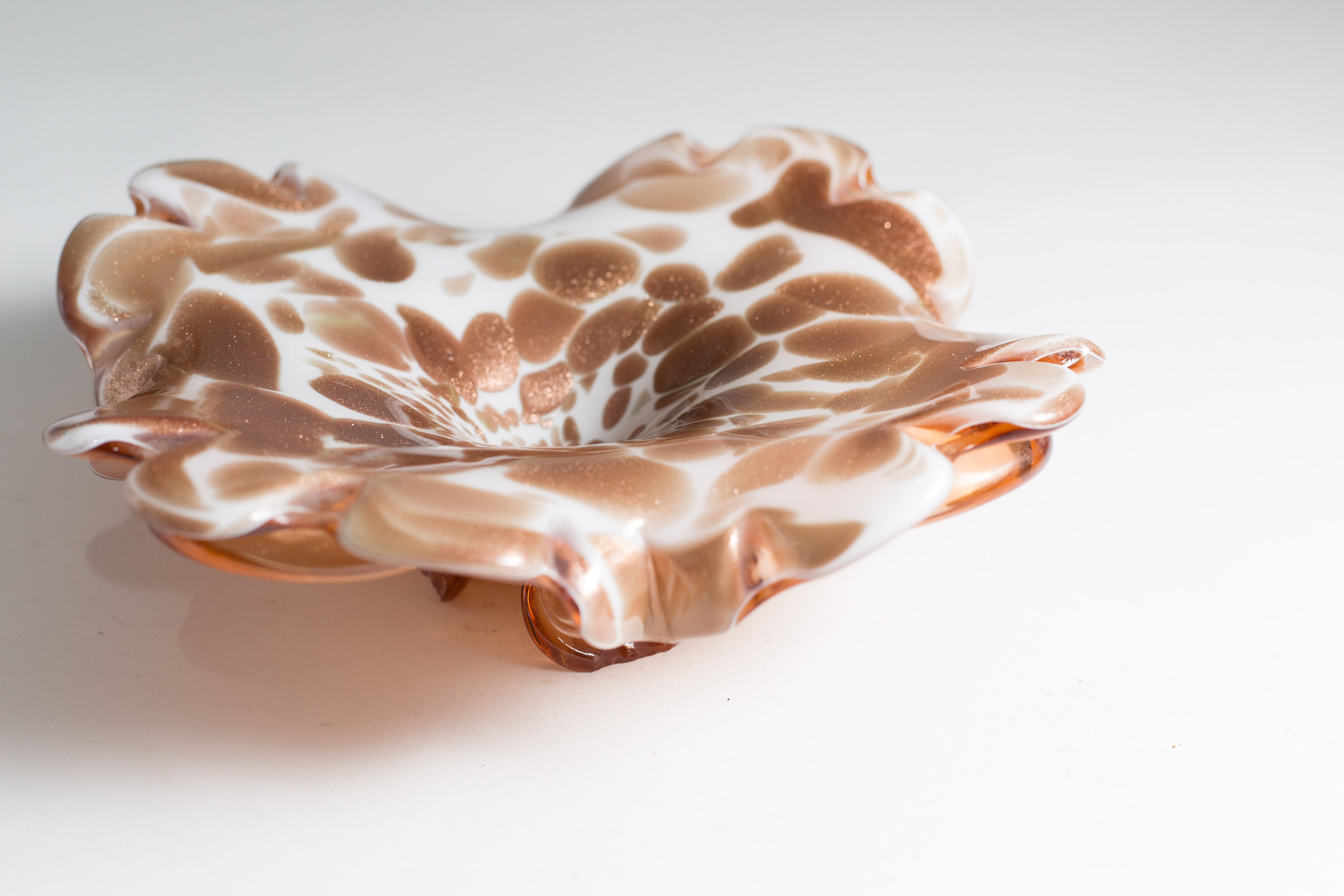 Copper Art Glass Dish Handblown Sparkly Copper and White Flower Style