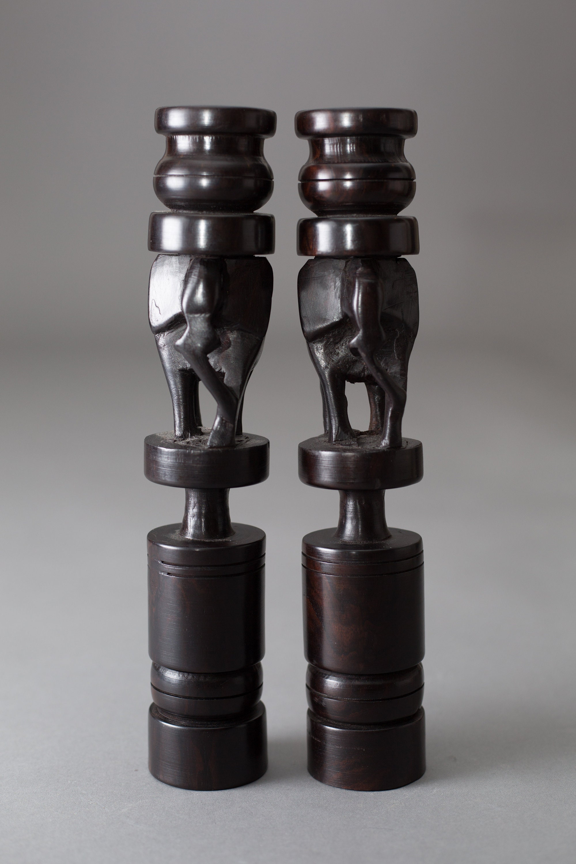 Ebony Candlestick Holders Vintage Dark Solid Wood Mahogany African