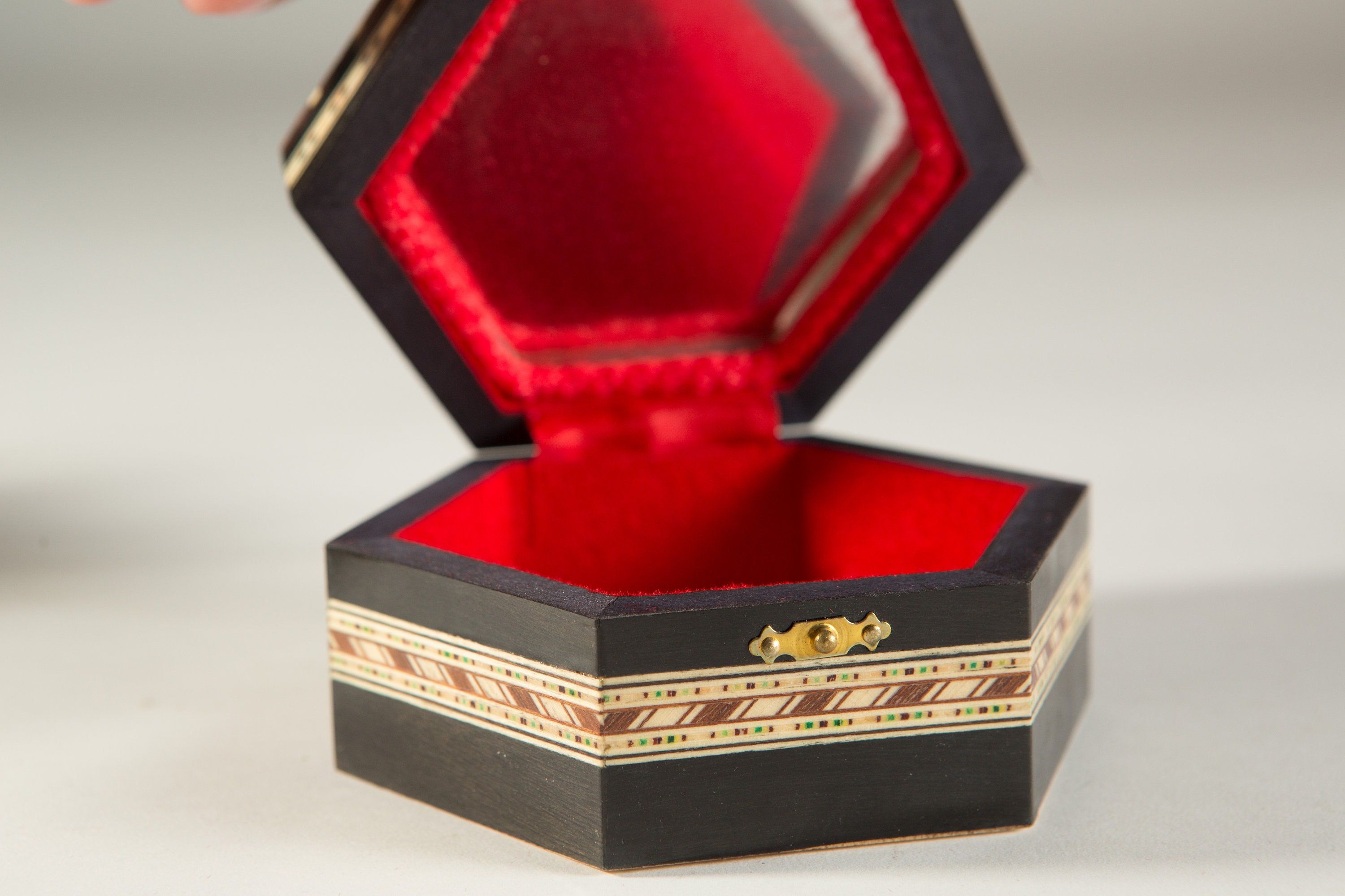 Vintage Spanish Hexagon Trinket Box with Wood Inlay Handmade