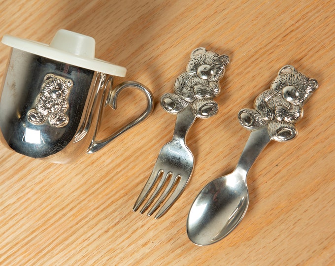 Silver Plated Cup Fork and Spoon Baby Toddler Dinner Set Teddy Bear
