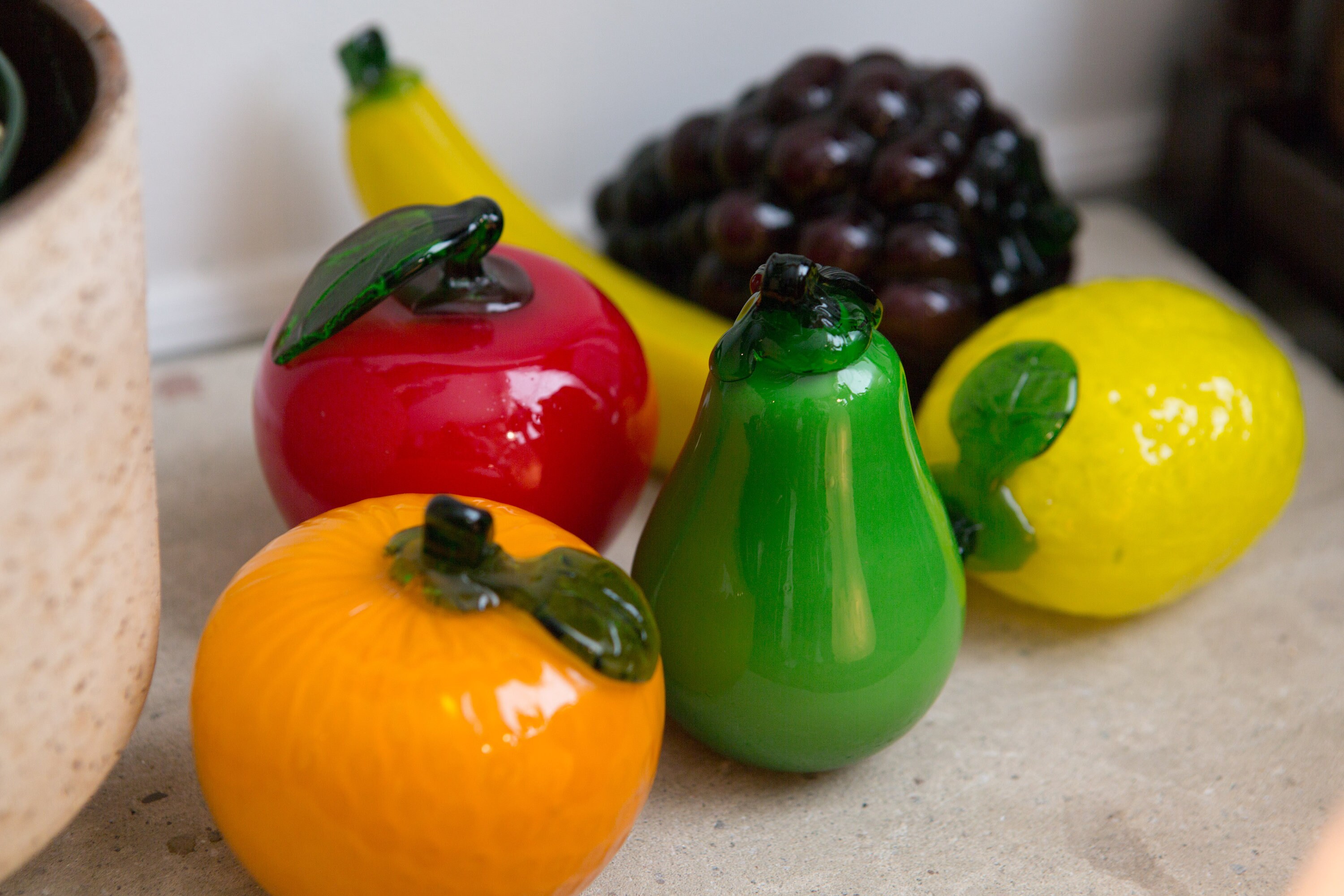 Vintage Glass Fruit Set of 6 Blown Glass Art Yellow Banana, Purple