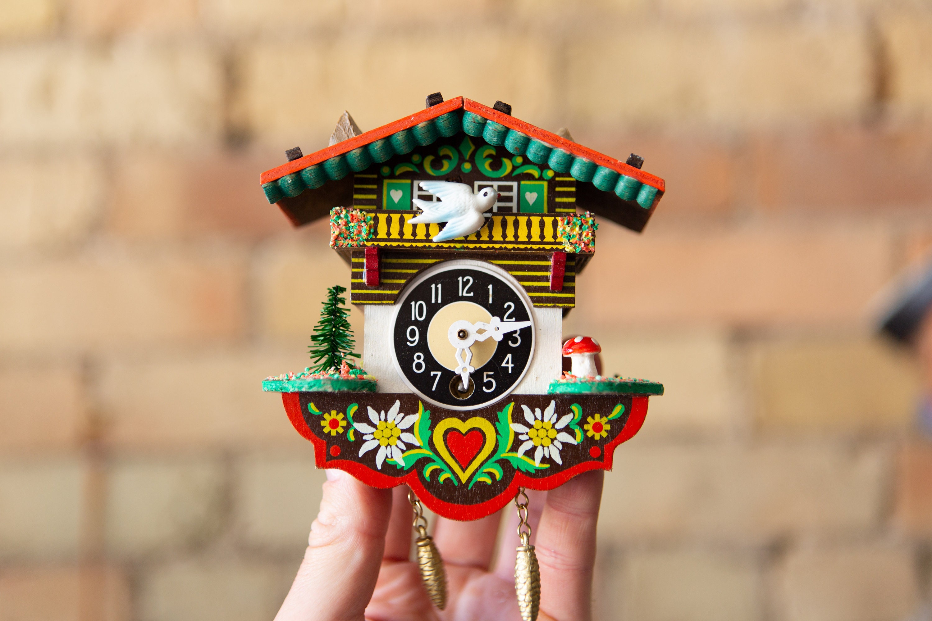 1960's / 70's Cuckoo Clock with Mushrooms, Bird, Pendulum Vintage