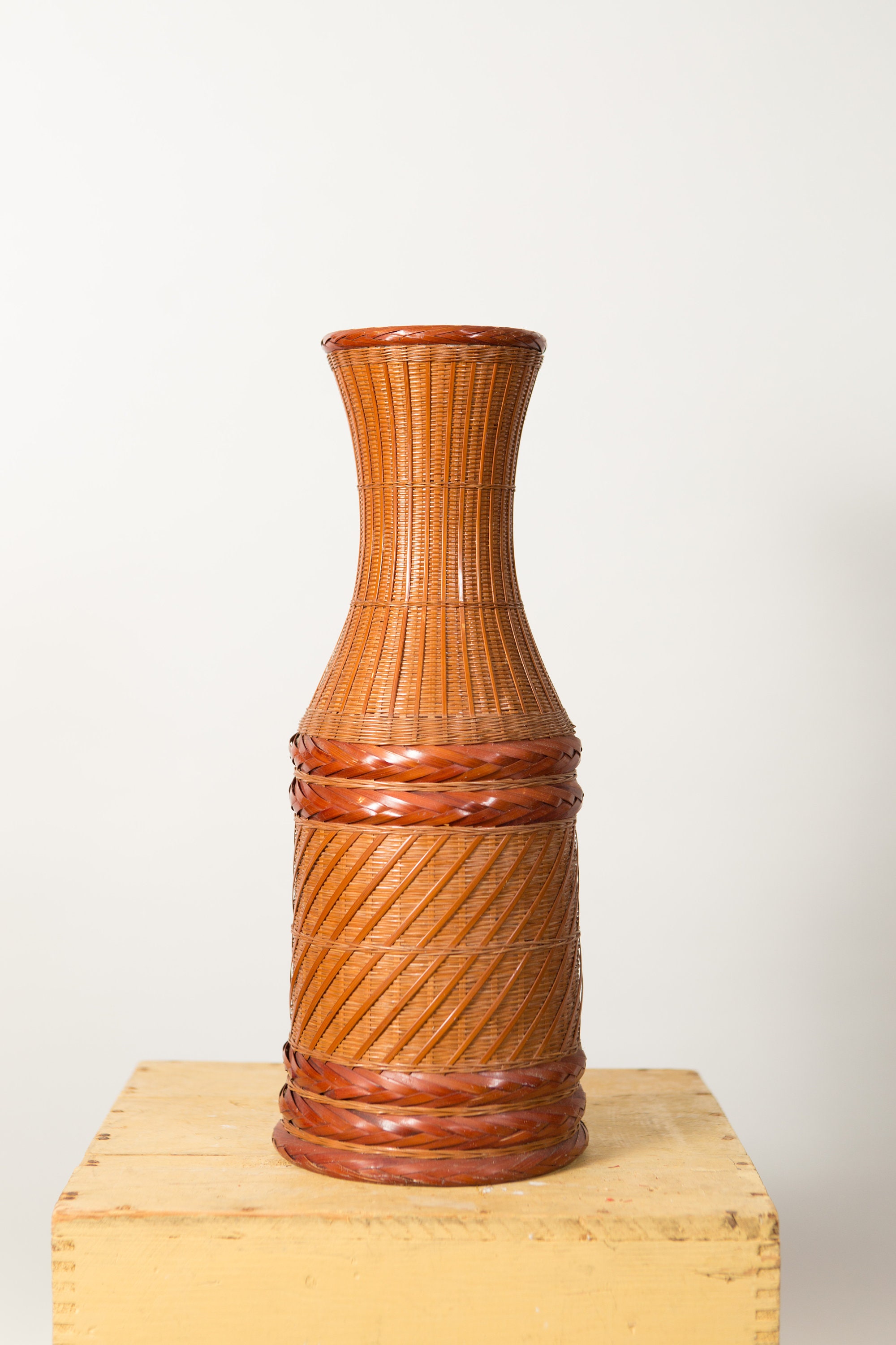 Woven Wicker Vase Large Vintage Rattan Geometric Lidded Flower Basket