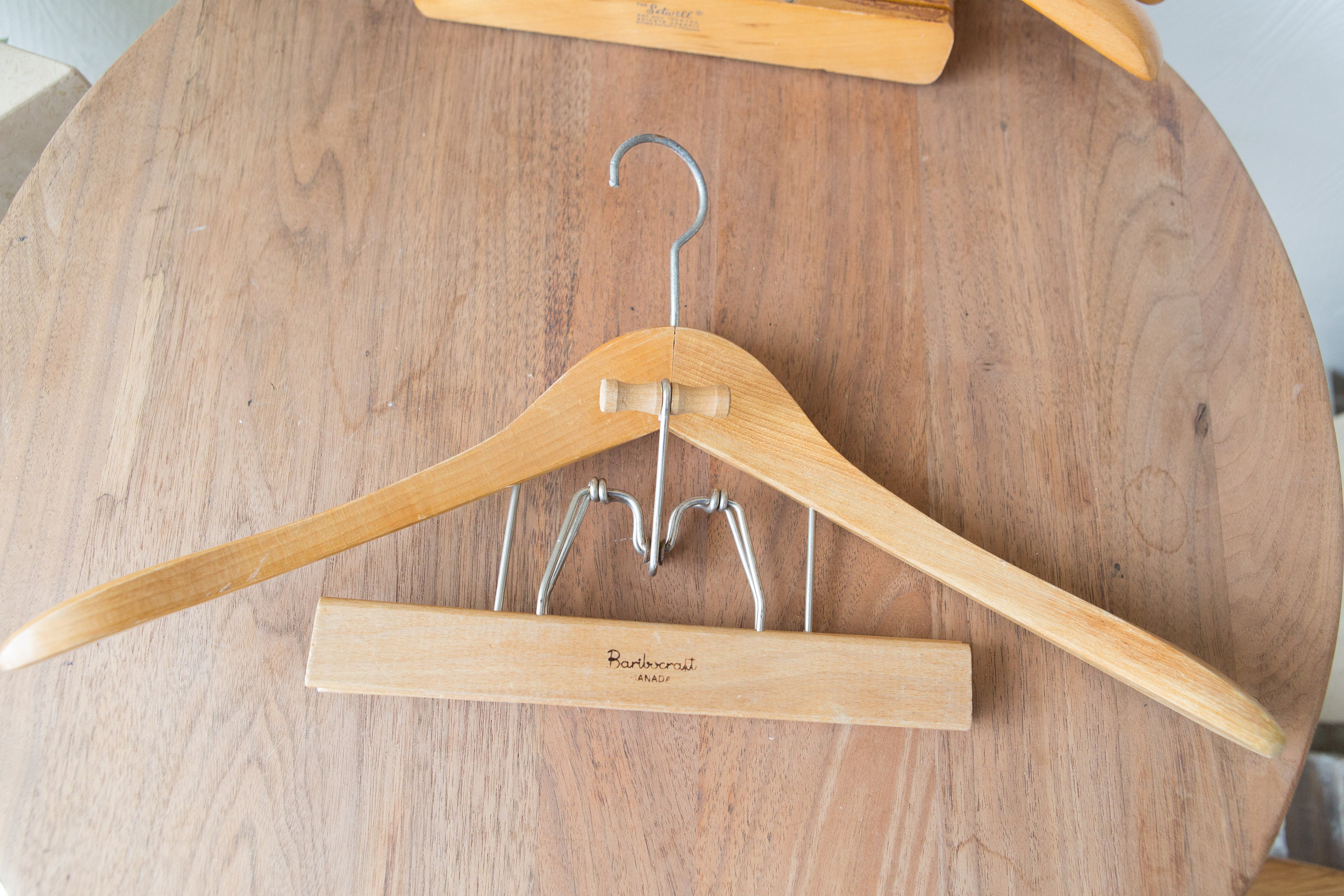 6 Wooden Fur Coat Hangers with Skirt or Pant Clip / Clamp Vintage