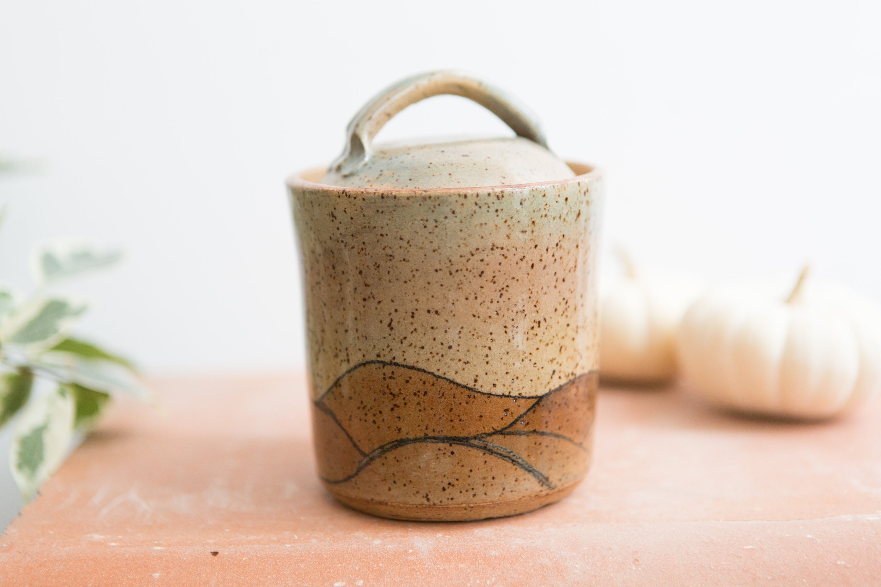 Handmade Ceramic Canister Painted Brown Speckled Vintage Boho Glaze