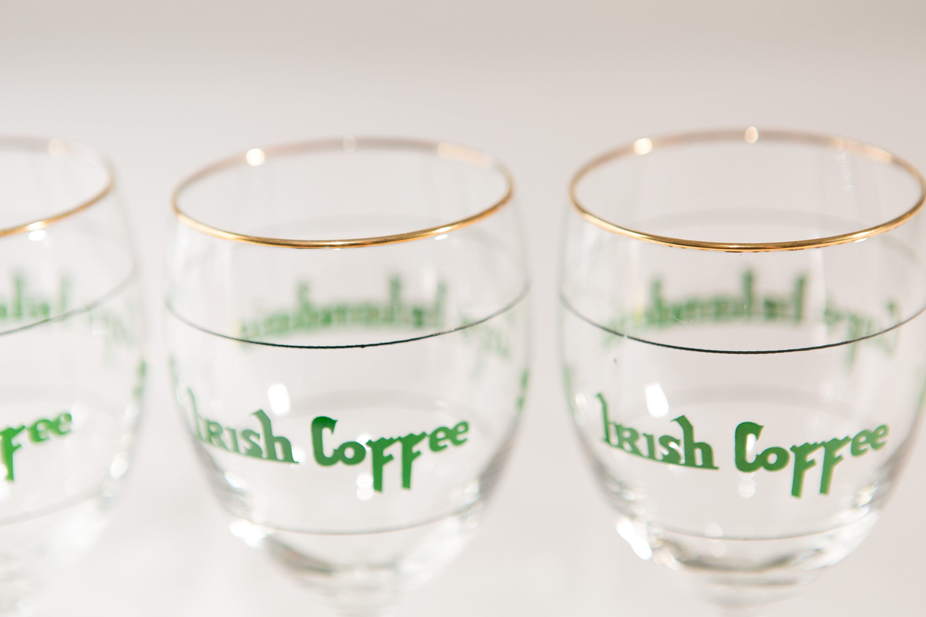 4 Irish Coffee Glasses Vintage Gold Rim Lucky Charm Specialty Coffee Stemware Father's Day