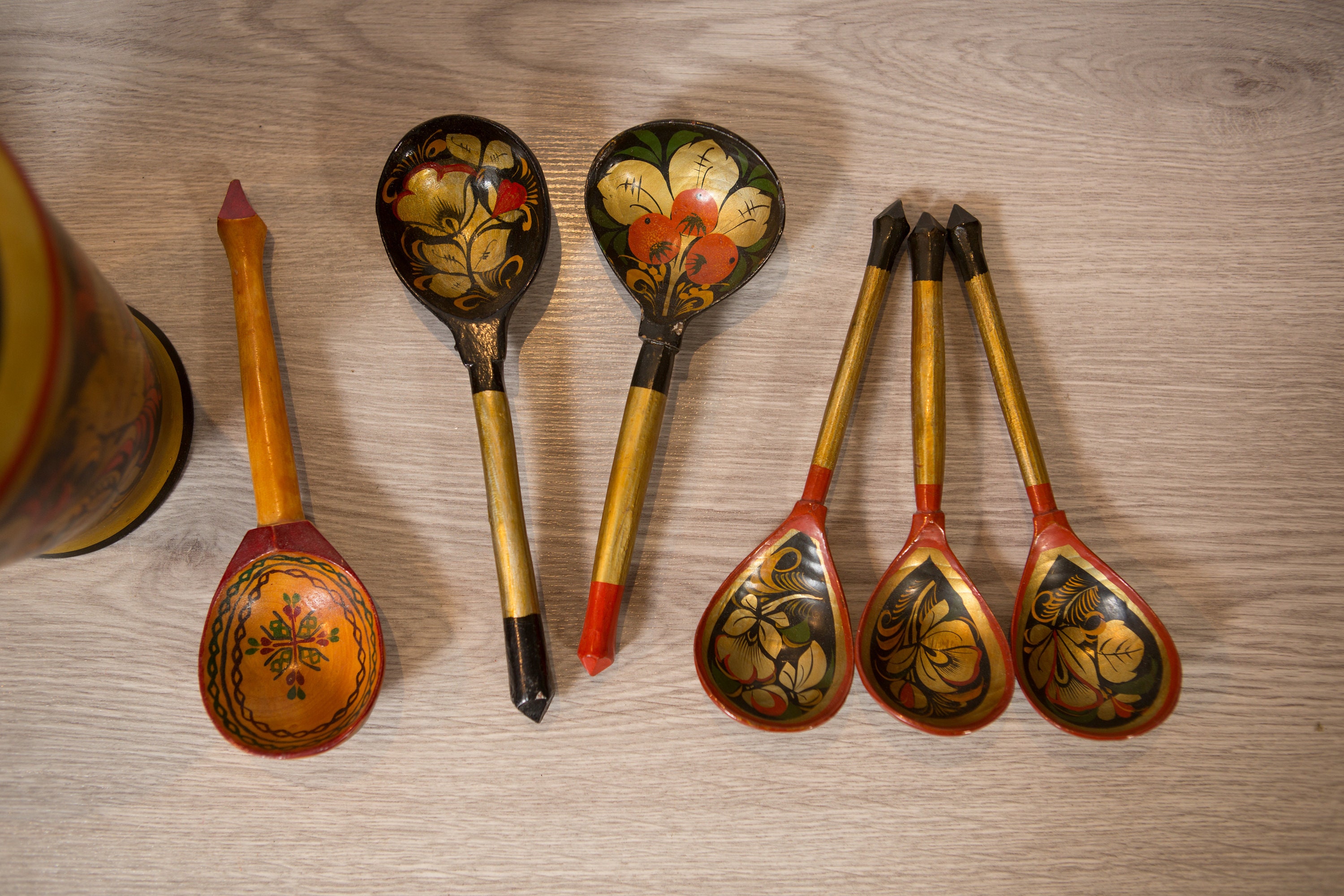 Russian Khokhloma Wooden Spoons, Bowls and Canisters - Set of Vintage
