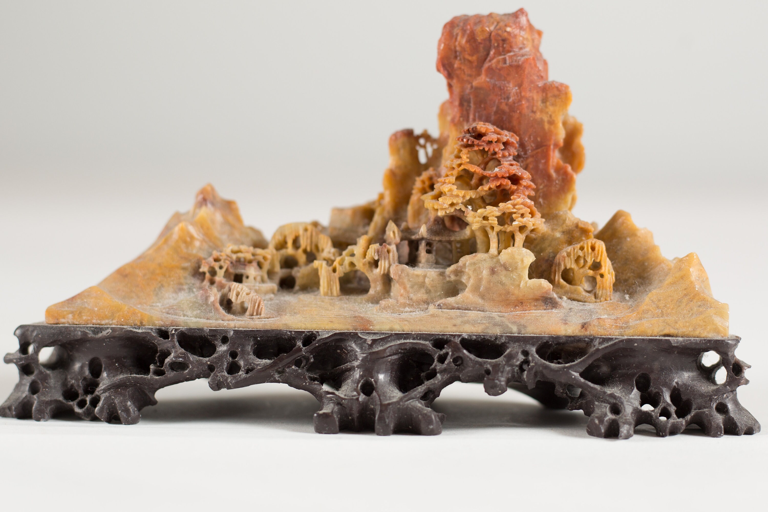 Chinese Carved Shoushan Stone Village and Trees Ombre Asian Stone