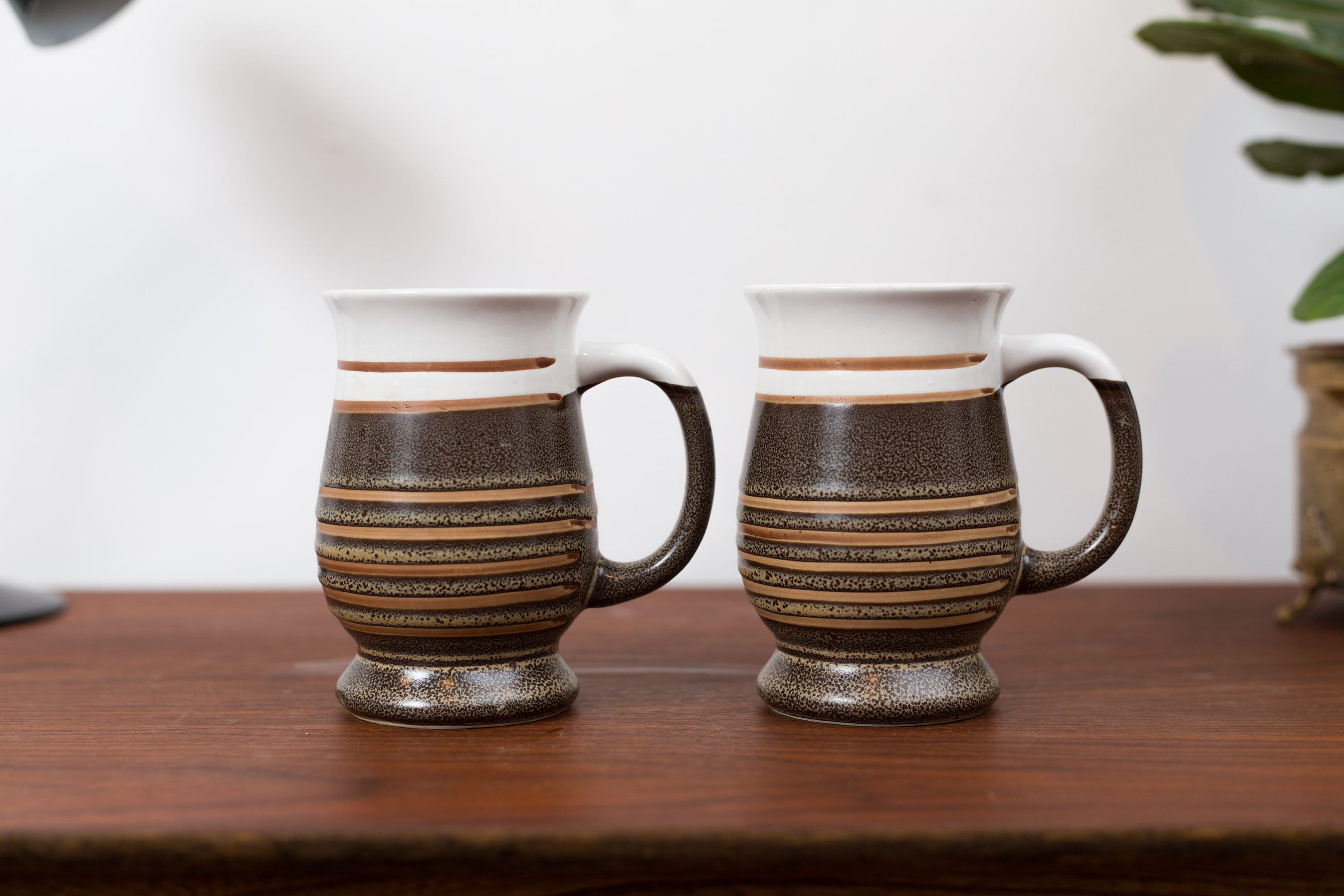Vintage Studio Mugs- Pair of Striped Pottery Mugs - Brown Ceramic
