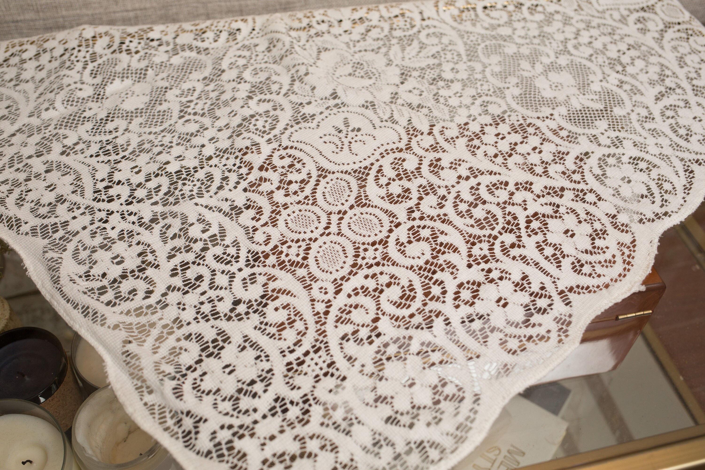 Vintage Scottish Tablecloth 1970's Thistle Lace Ornate Floral Mid Century Geometric Style