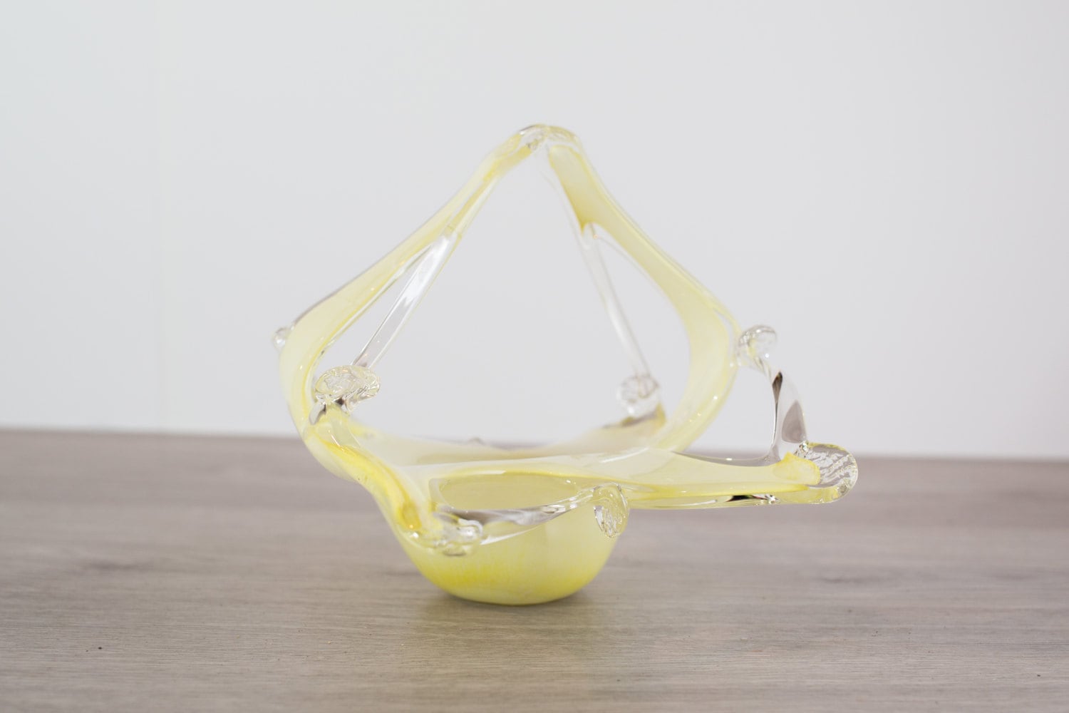 Yellow Murano Glass Basket / 70's Colorful Candy Glass Decorative Art Ornament Bowl