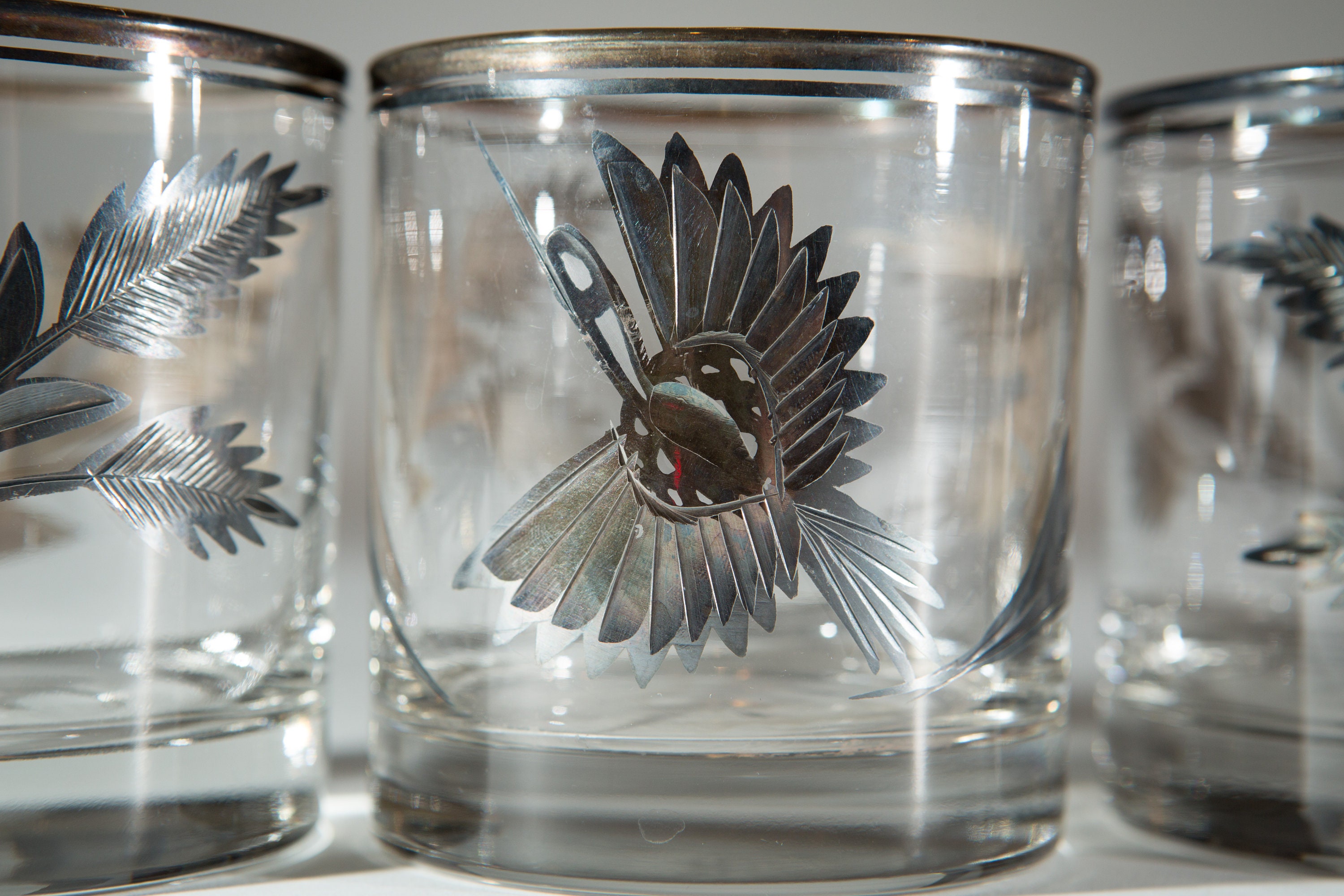 5 Vintage Hummingbird Cocktail Glasses 8oz Etched Bird Motifs with