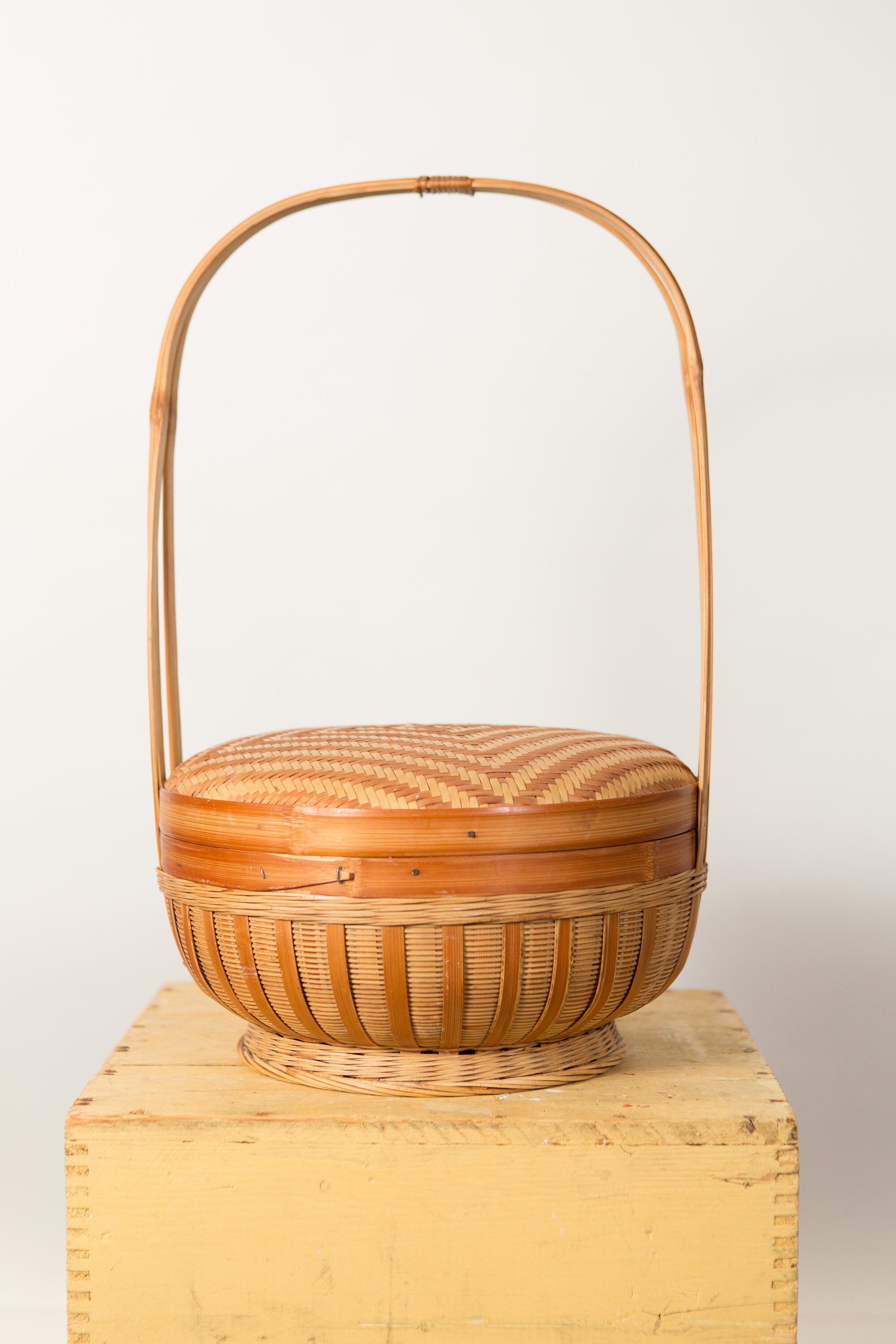 Woven Wicker Basket Large Vintage Rattan Geometric Lidded Basket