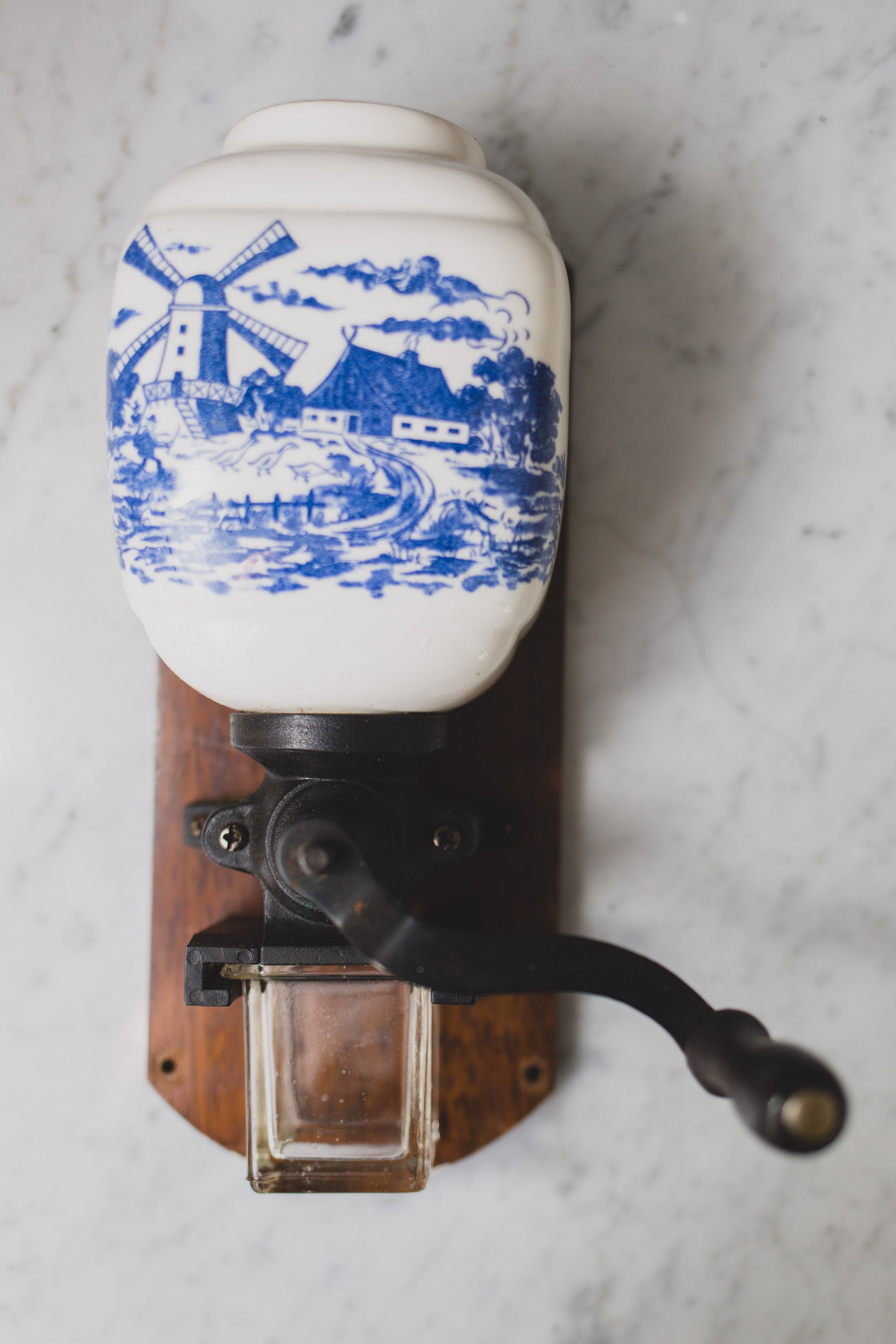 Vintage Coffee Grinder Ceramic White and Blue on Coffee Bean Grinder