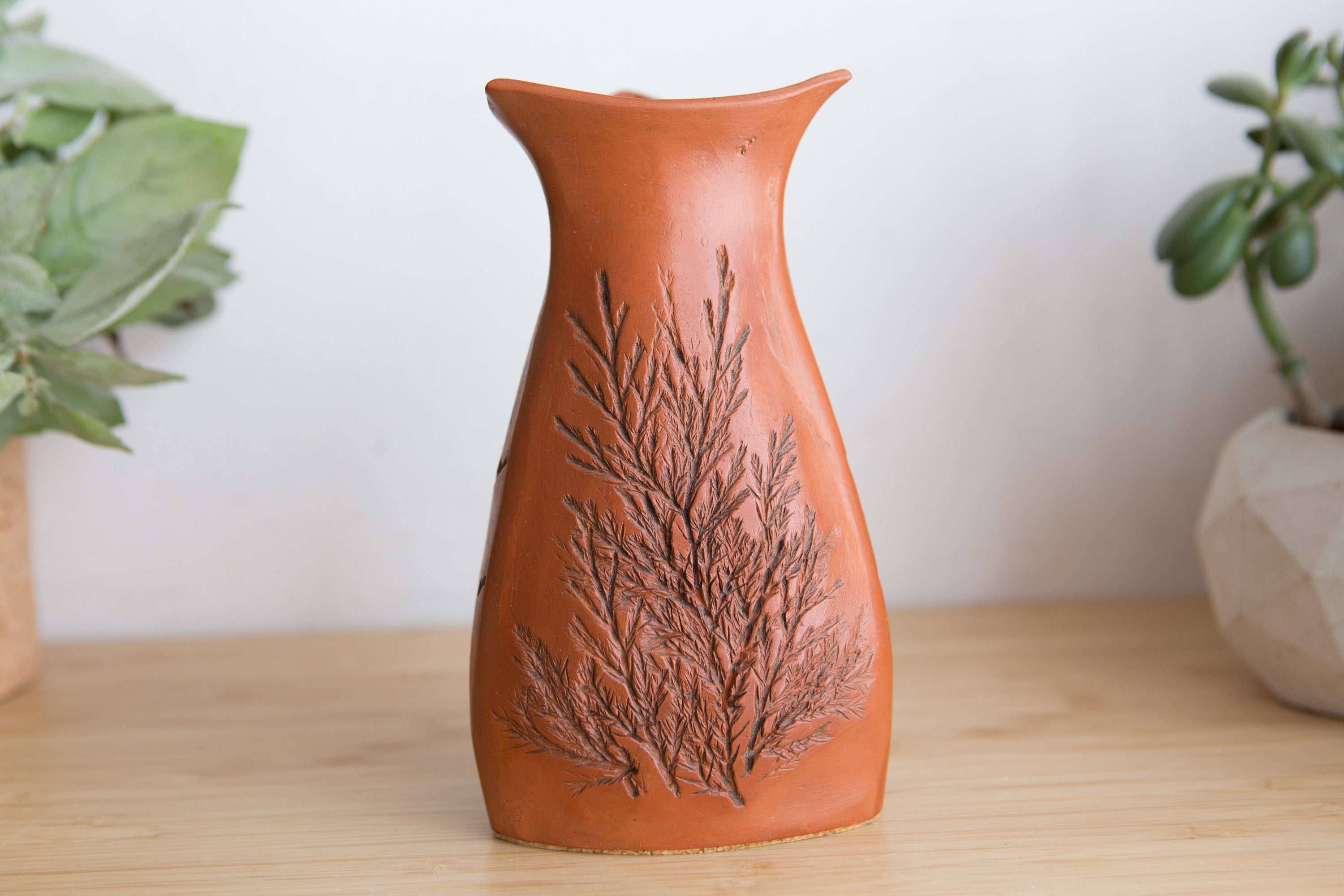 Vintage Terracotta Vase Sculpted Studio Pottery Art Vase for Flowers