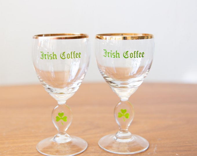 2 Irish Coffee Glasses - Vintage Gold Rim Lucky Charm Specialty Coffee Stemware - Father's Day Gift for Dad - Ireland Cocktail Wine Glass