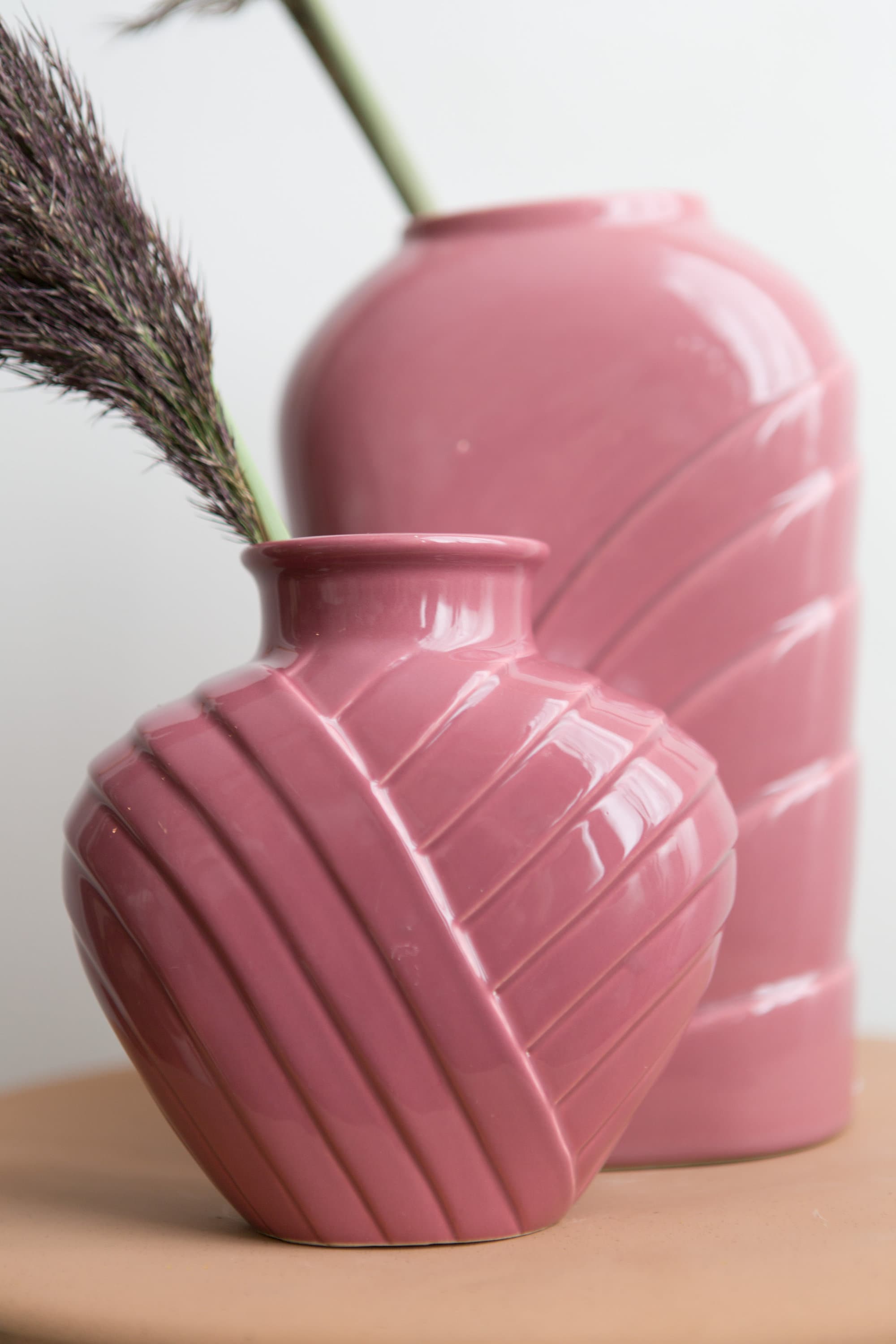 80's Magenta Vases Vintage Art Deco Pastel Pink / Purple Pleated