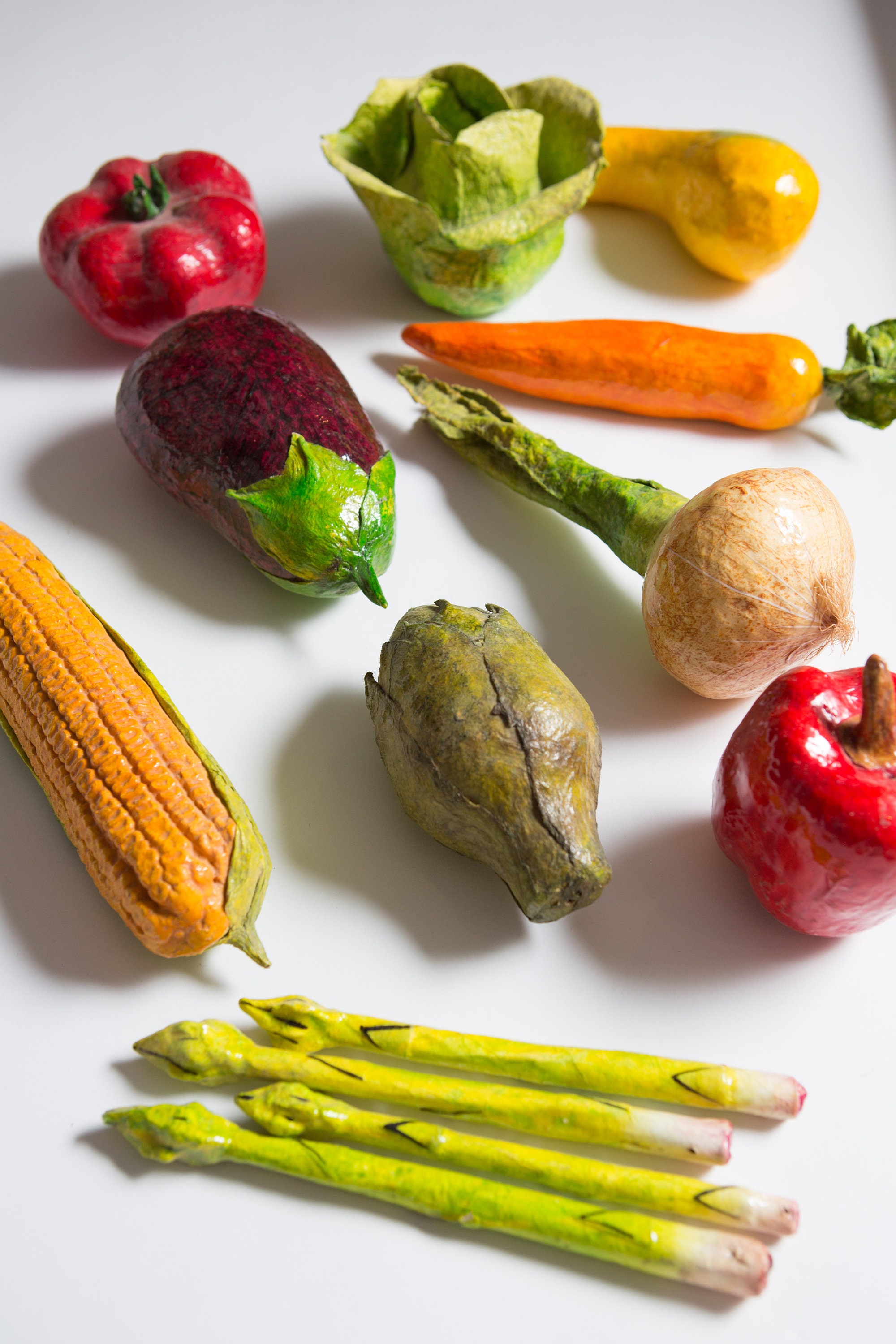 Paper Mache Vegetables 10piece Set of Vintage Handmade and Painted Mexican Folk Art Veggies