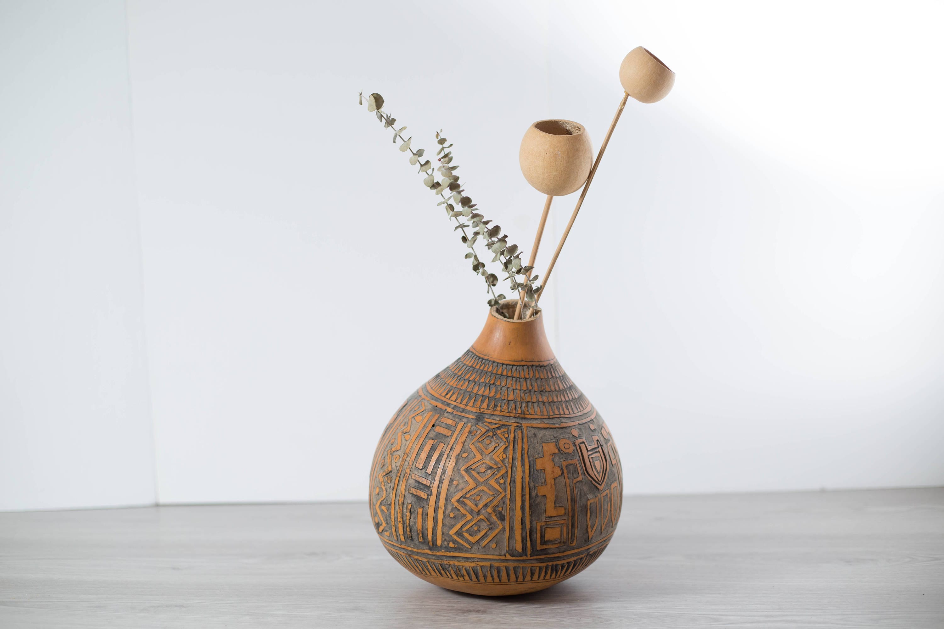 Africa Gourd Calabash Kenyan Carved Jug Vase / Vintage Orange and Brown