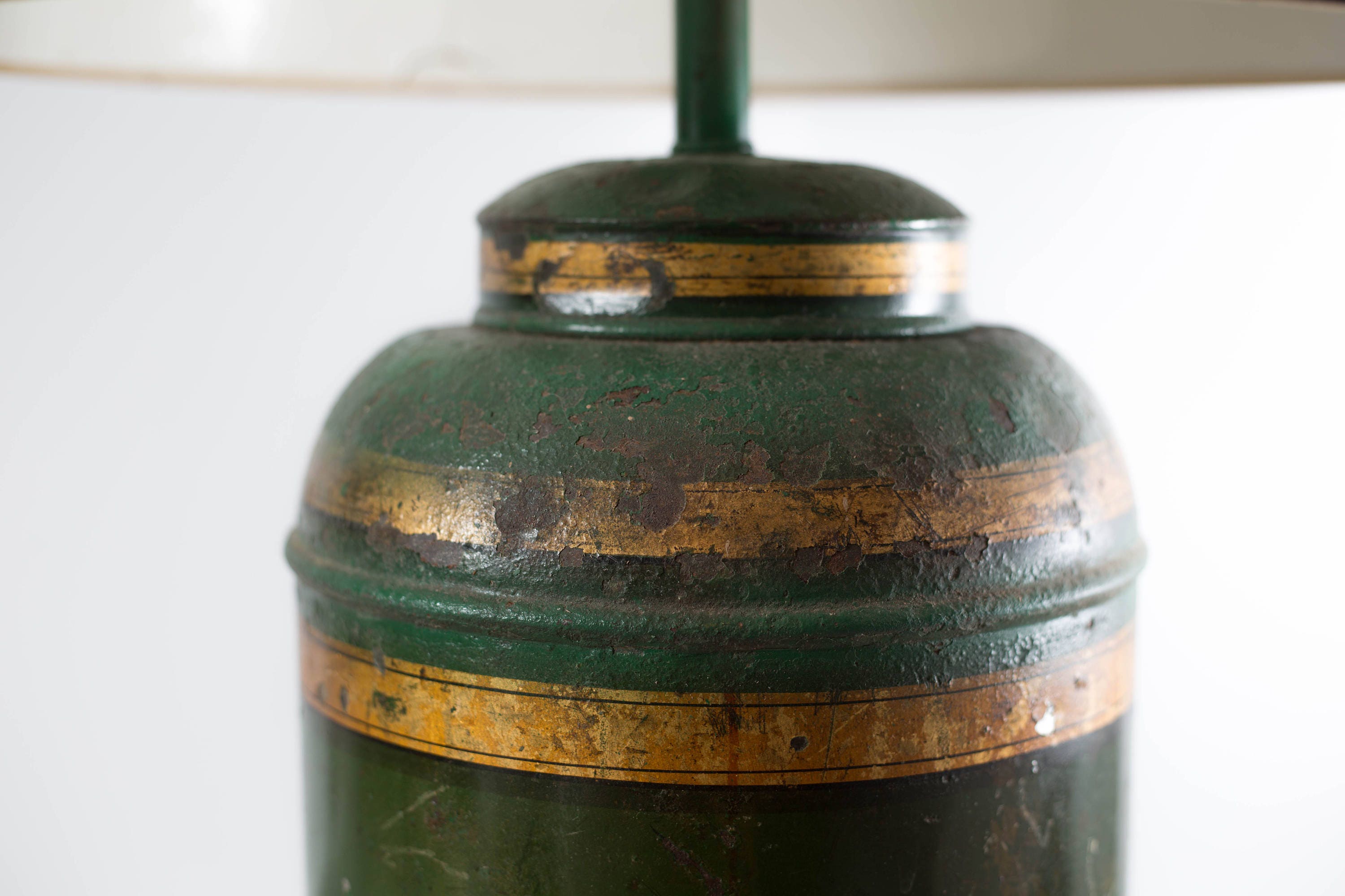 Vintage Rustic Lamp / Large Metal Number One Gold Banded Green Milk Jug