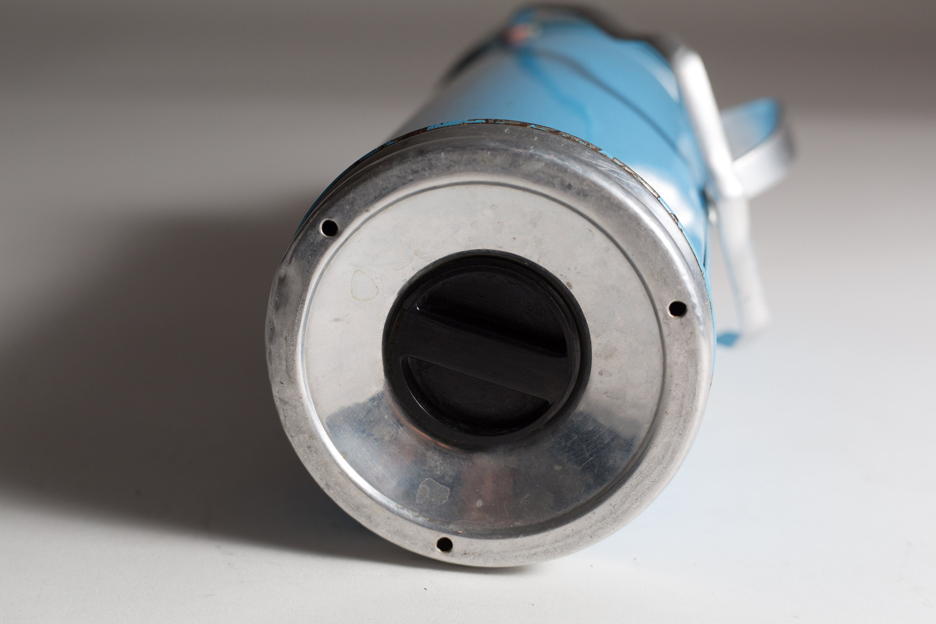 vintage thermos vacuum bottle Blue Colored Floral Metal and Glass