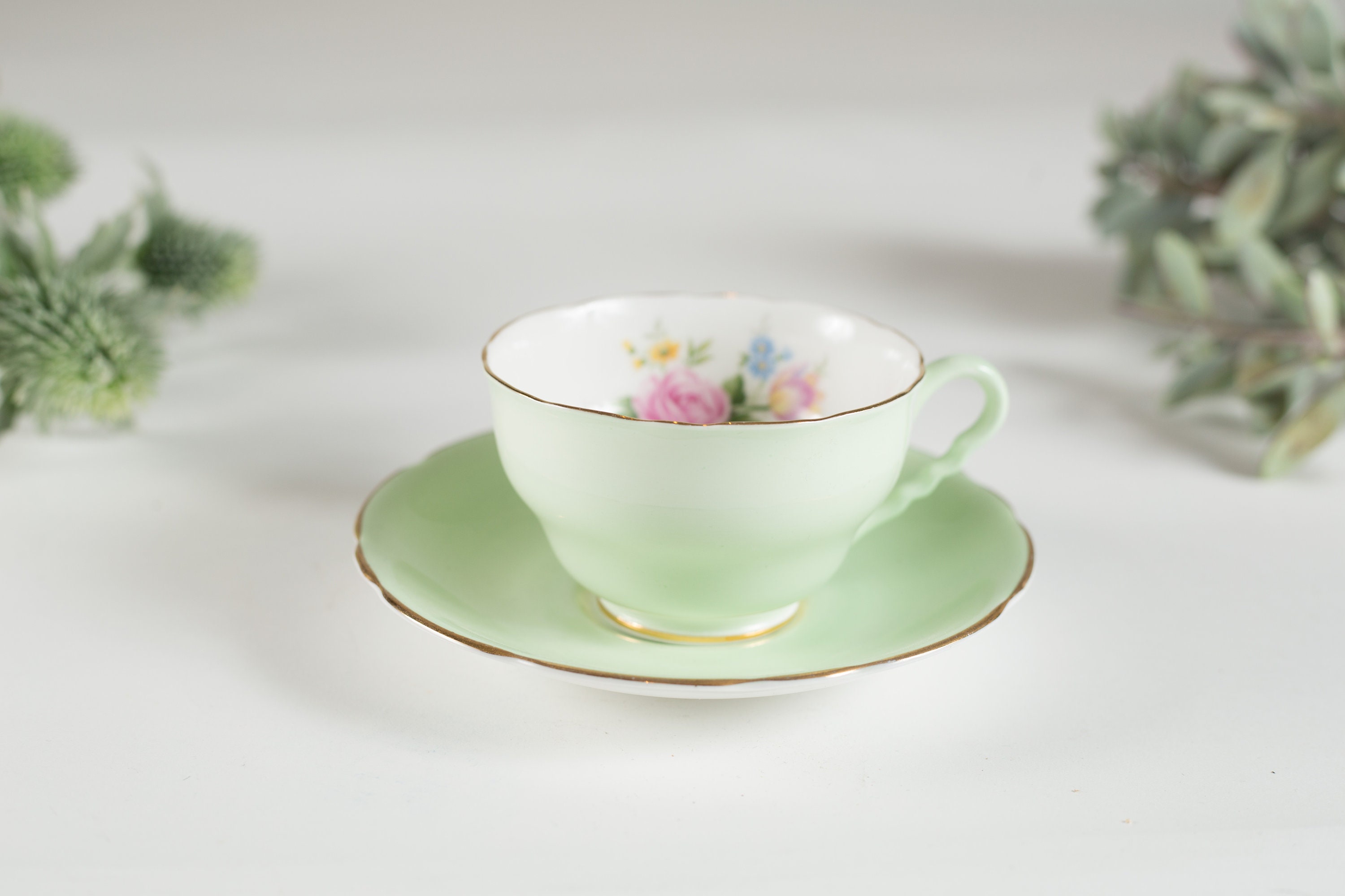 Vintage Teacup Mint Green and Floral Tea Cup and Saucer Royal