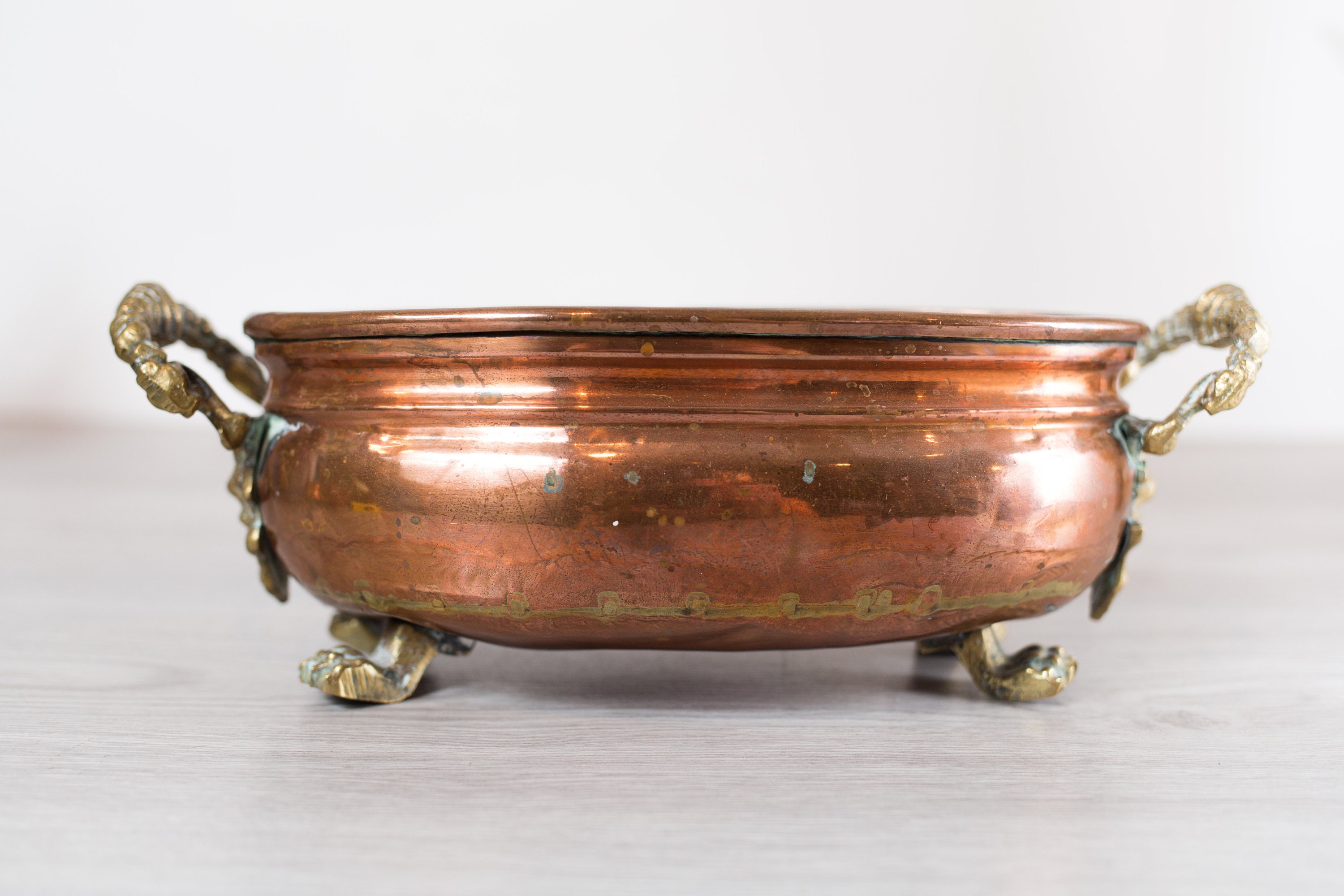 Vintage Copper Planter Oval Metal Pot with Brass Handles and Feet