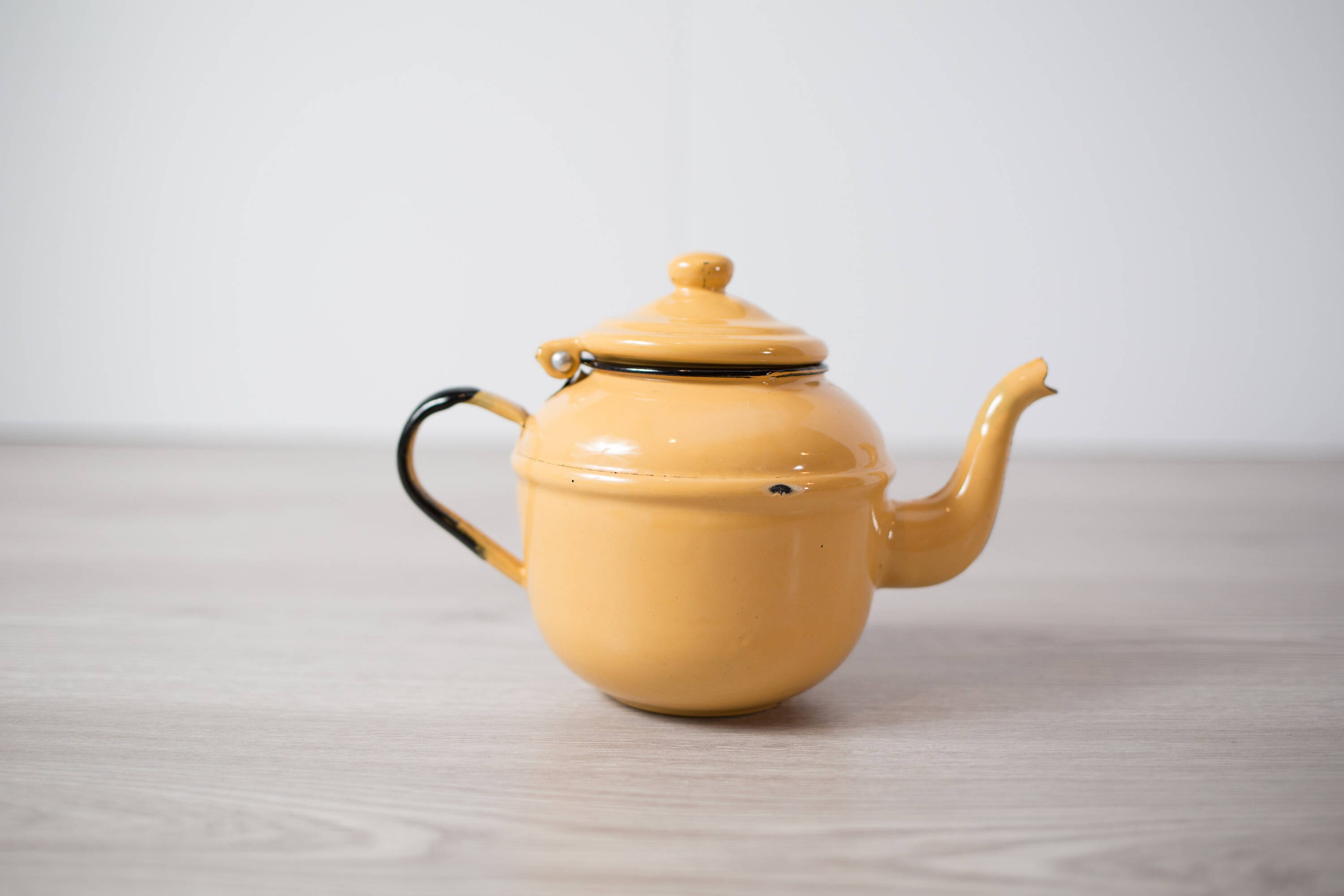 Enamel Yellow Teapot / Small Vintage Camping Enamelware / Made in Poland