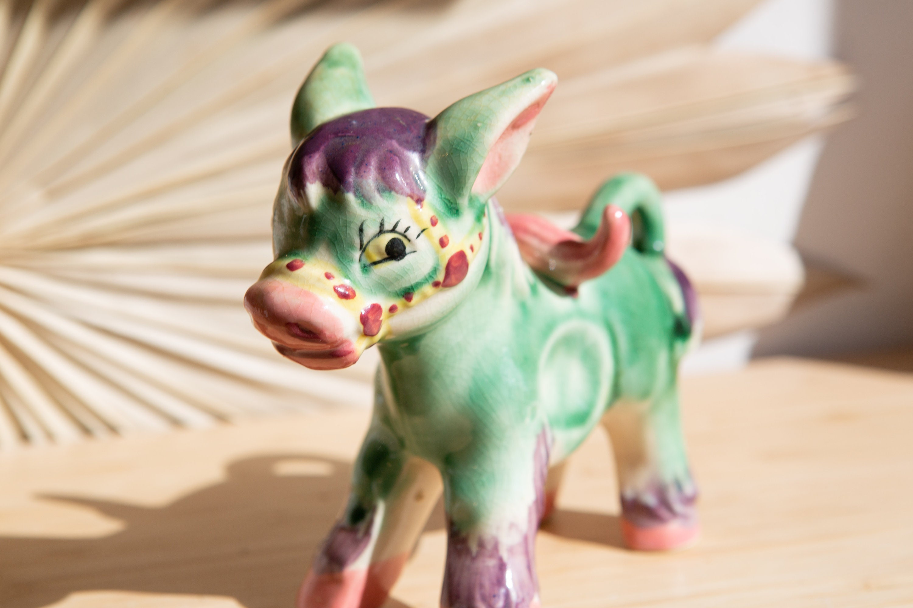 Vintage Ceramic Donkey Green and Purple Retro Americana Kitsch