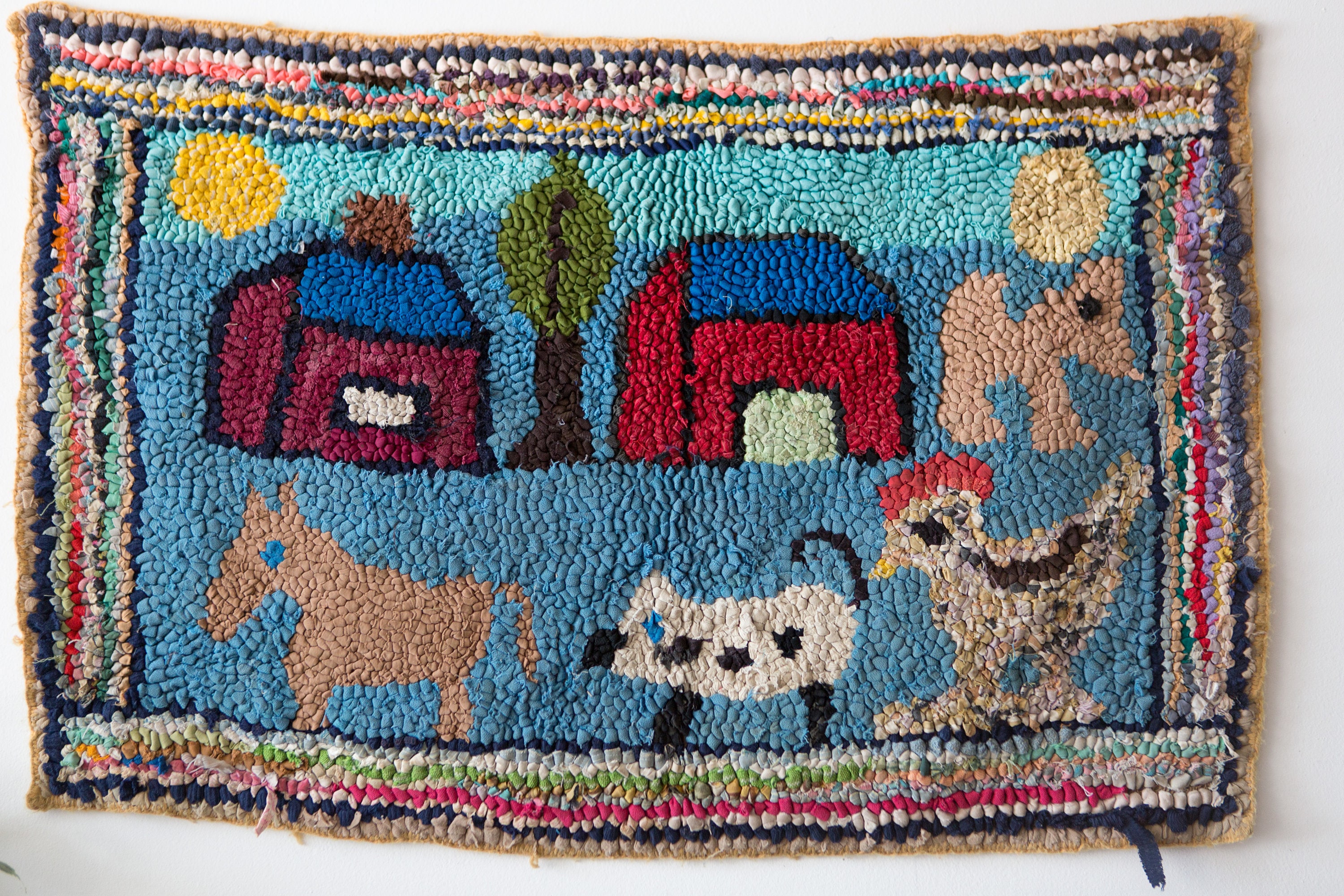 Antique Hand Hooked Rug American Folk Art Barnyard Farm Animals