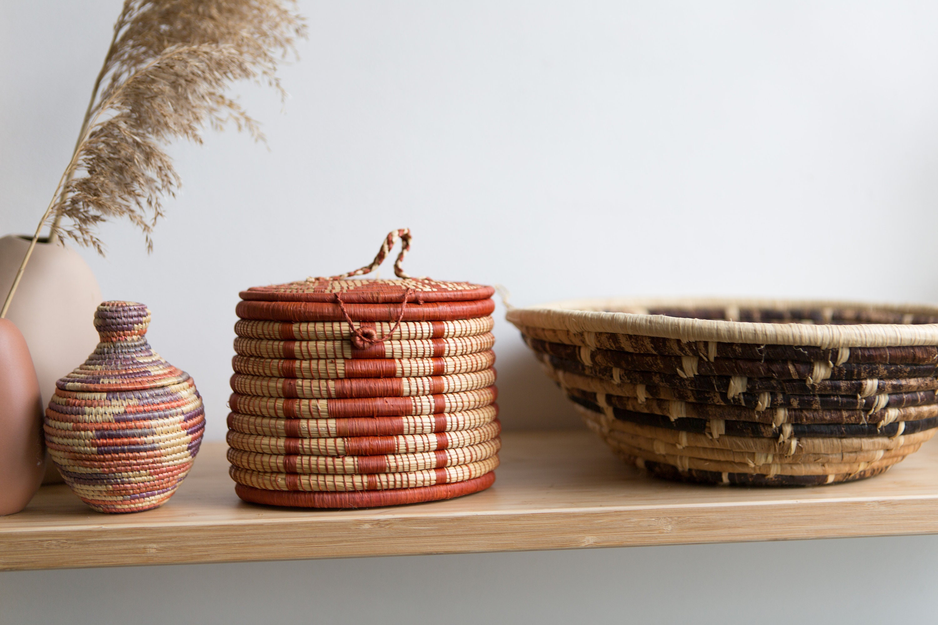3 Vintage Small Coil Baskets - Modern Boho Decor - Muted Sisal / Rattan
