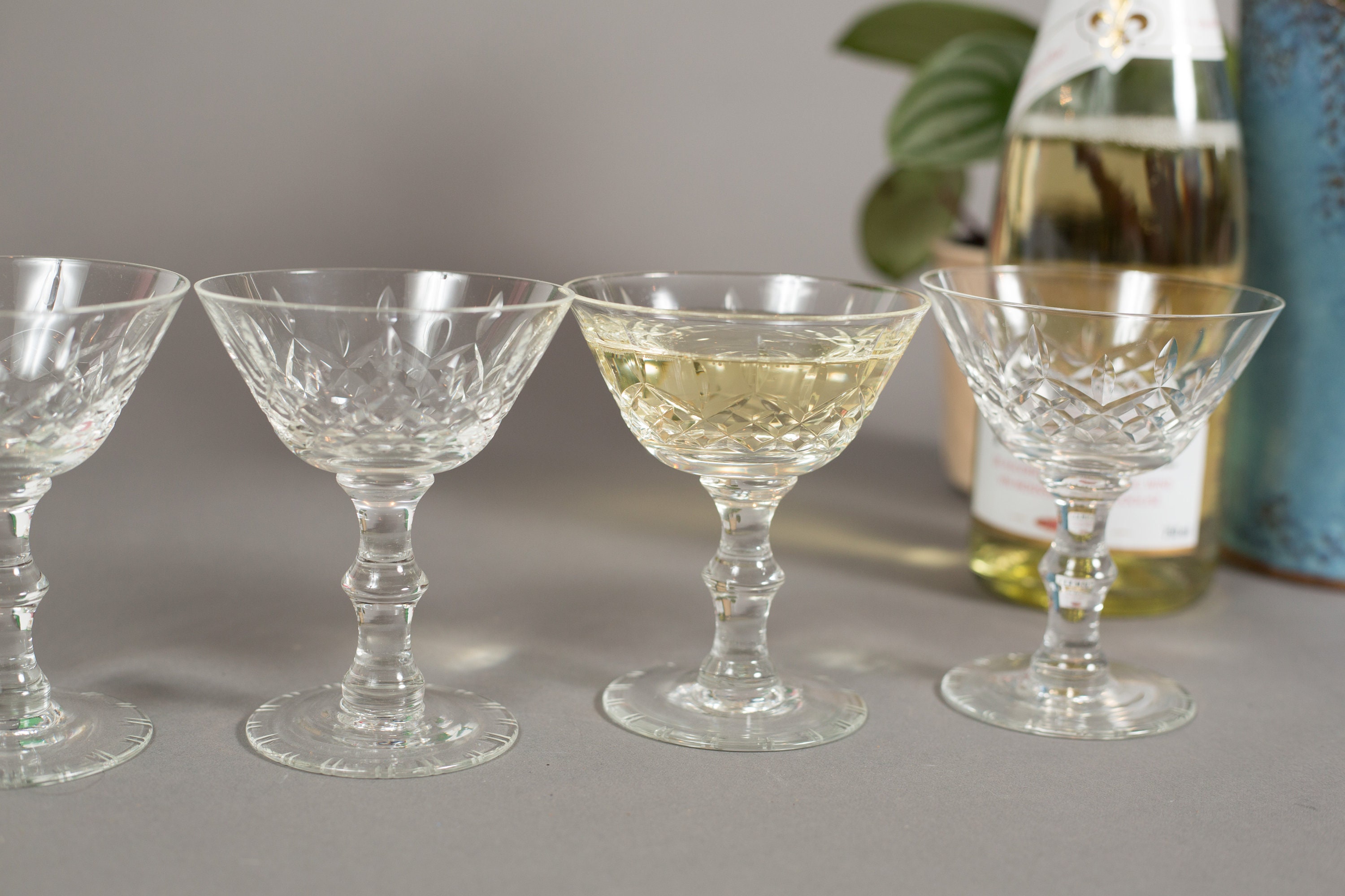 Vintage Champagne Coupe Glasses Set of 4 Etched Diamond Cut Glasses