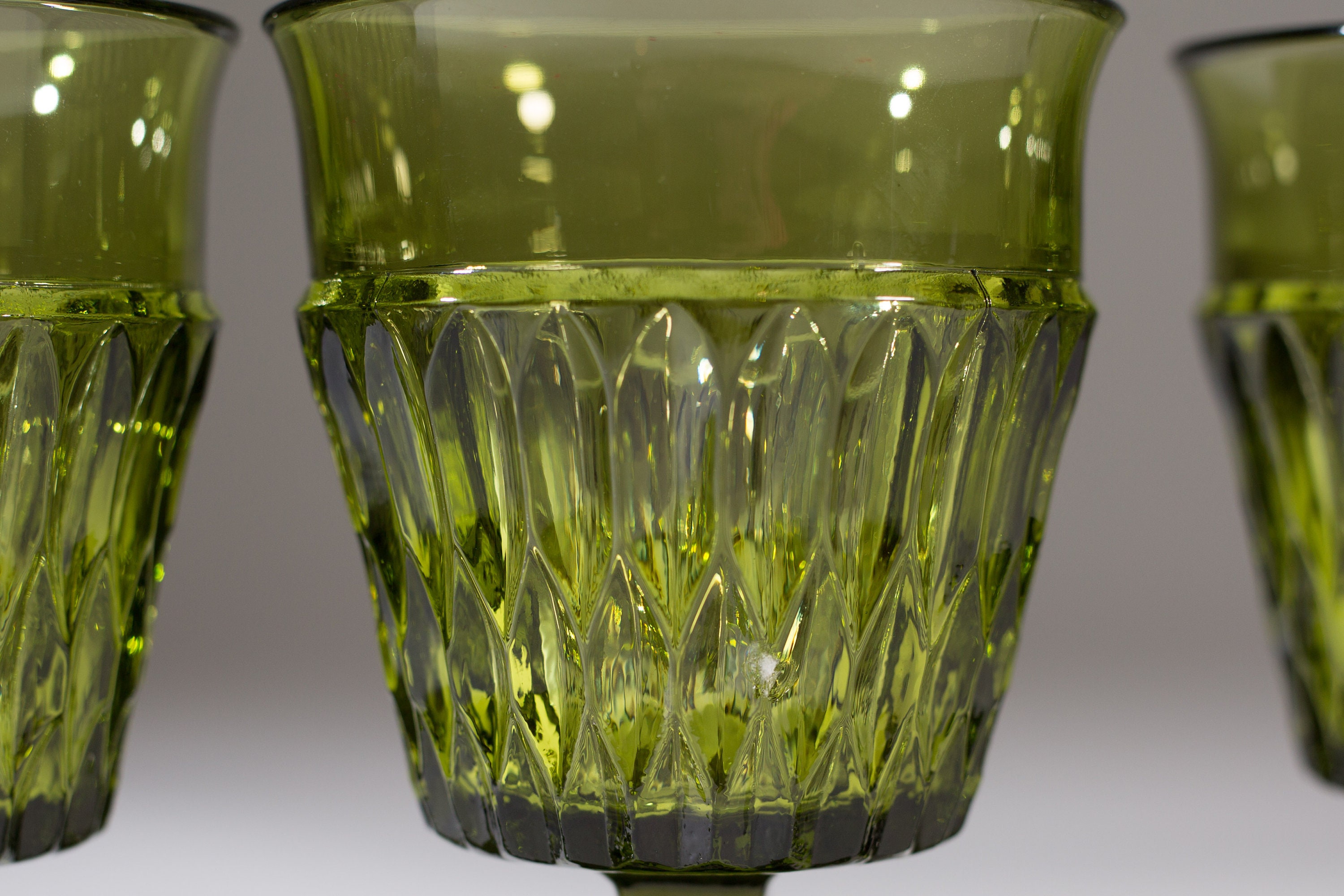 Vintage Green Wine Glasses Set of 3 Diamond Pattern Cups Cocktail