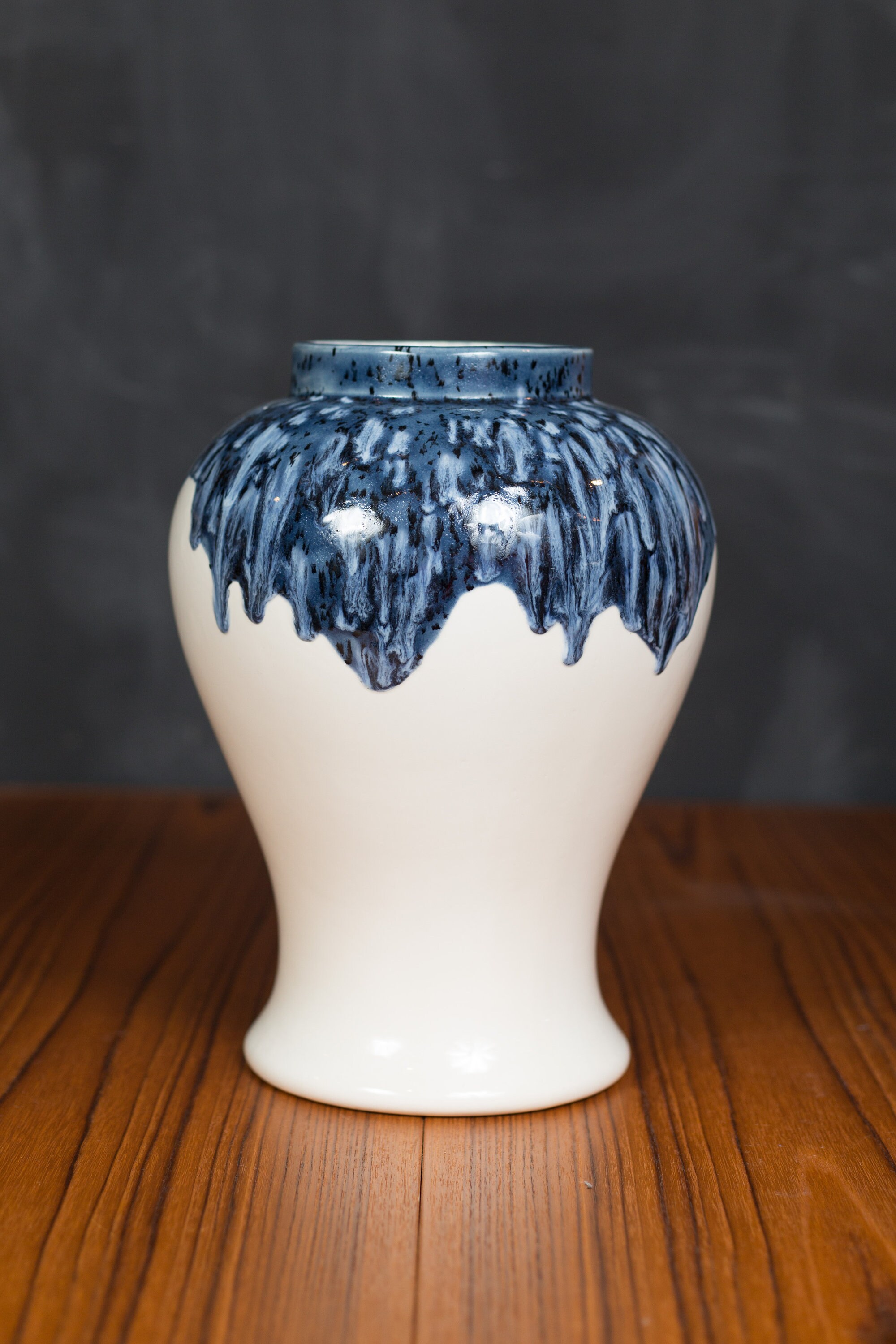 Large Floor Vase Blue and Off White Drip Glaze Oval Decorative Bubble