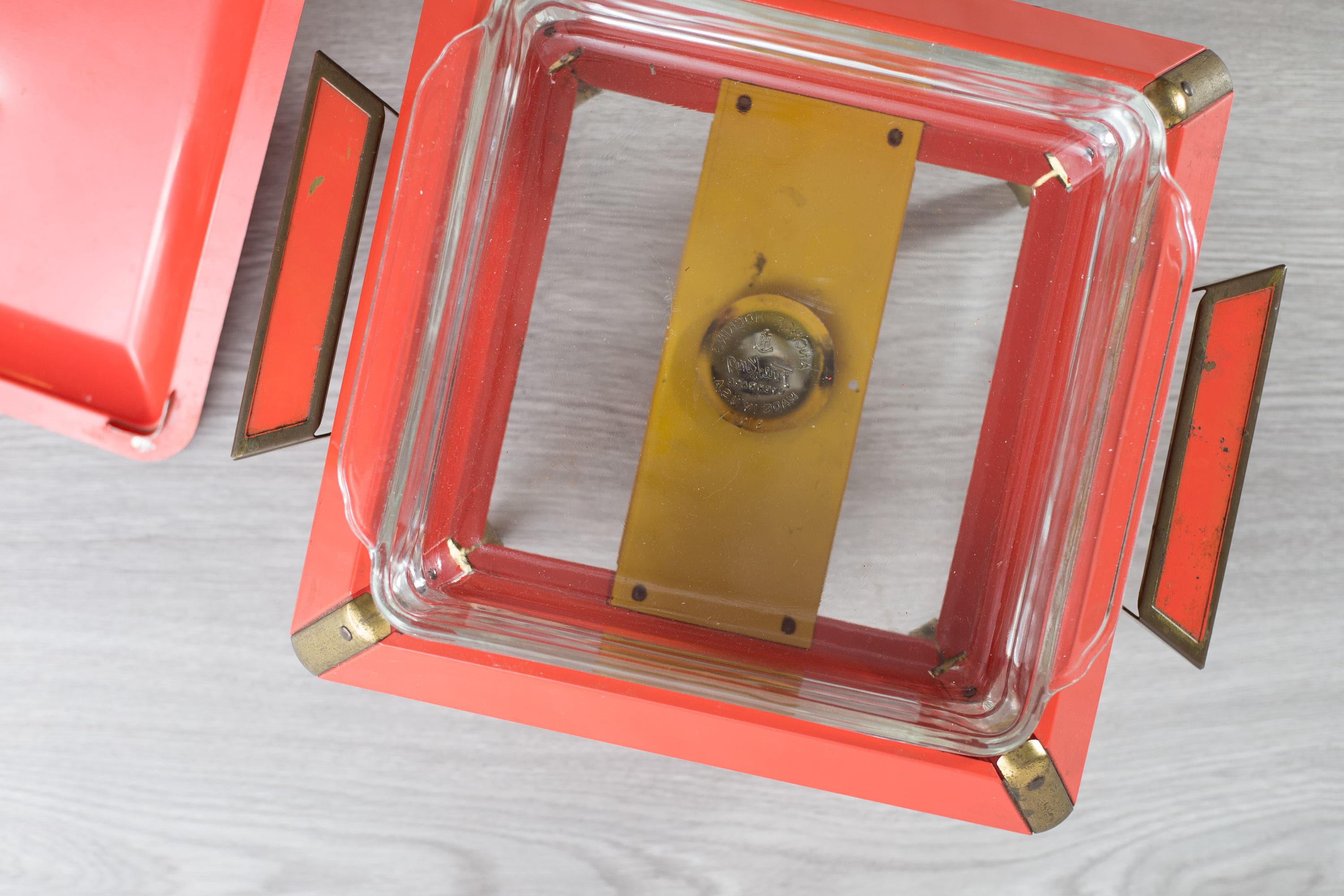 Vintage Casserole Dish Coral and Brass Dinner Dish Warmer Space Age Atomic Square