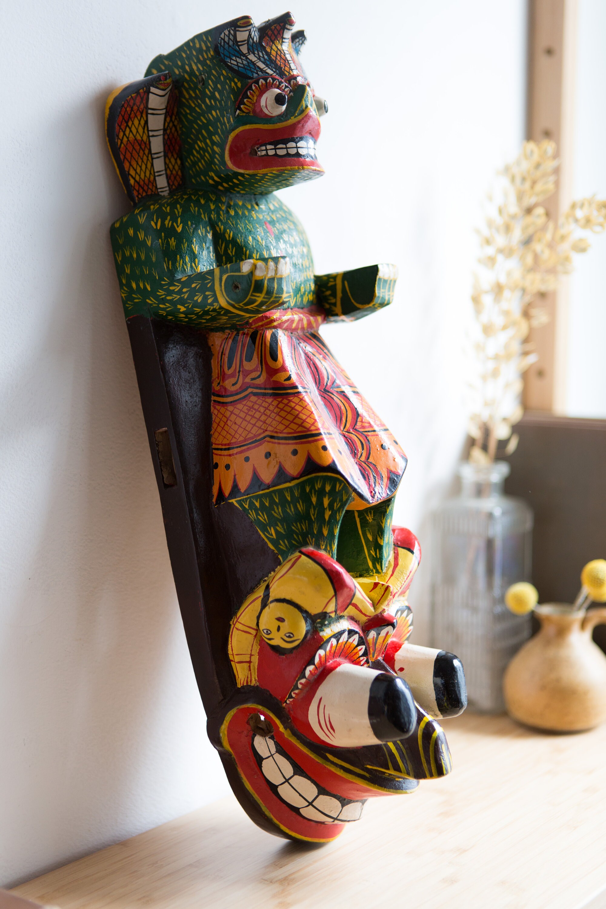 Wood Totem Wall Hanging Handcarved and Painted Sri Lankan Cobra Mask Sculpture Red and Green