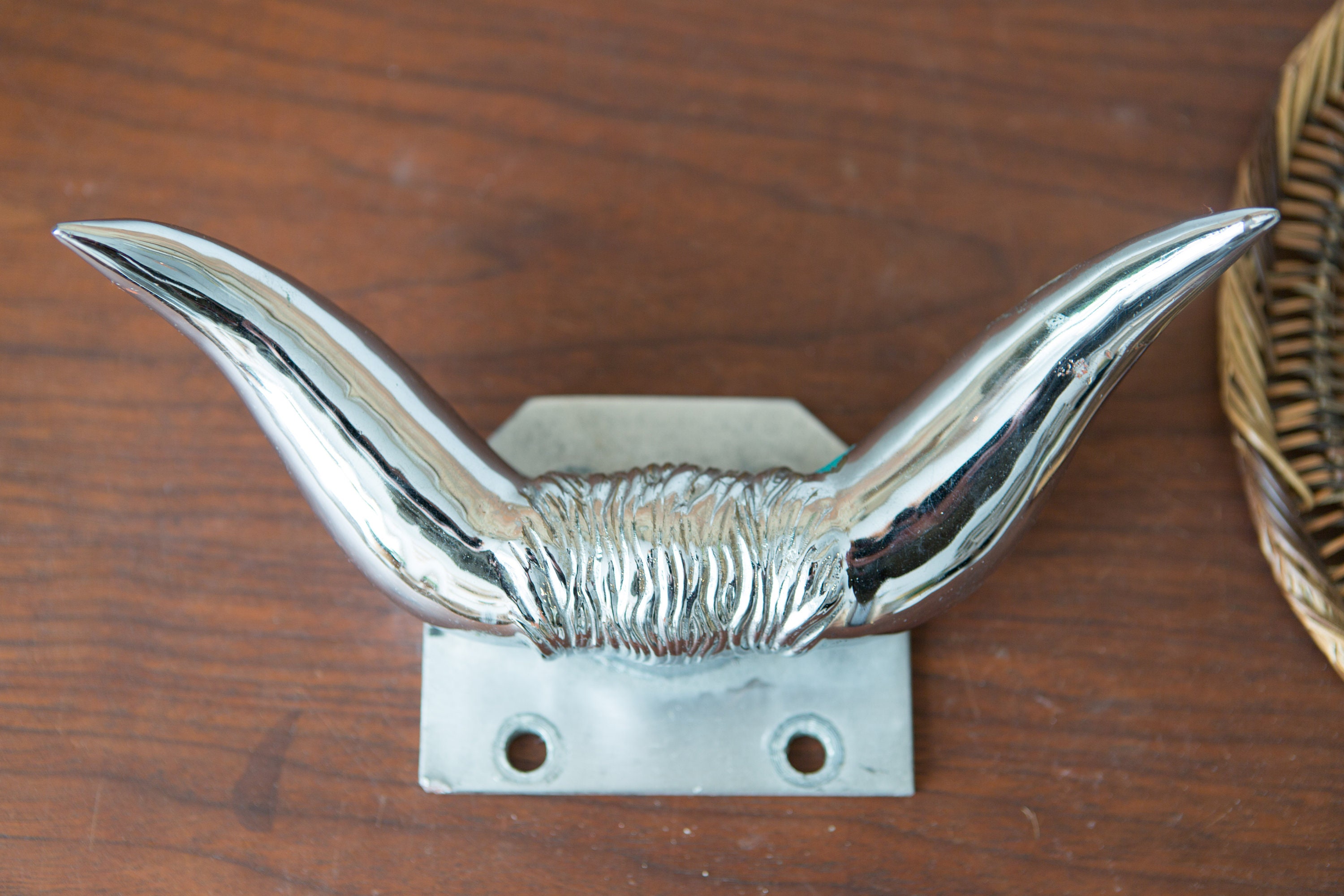 Vintage Bull Horn Hood Ornament Silver Chrome Stag Horn Car Parts