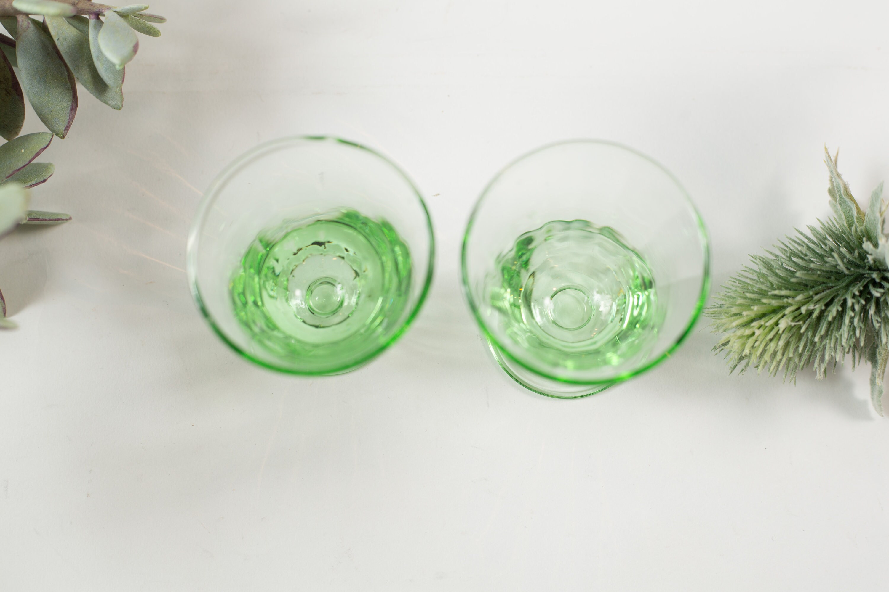 2 Green Apéritif Glasses 2oz Pair of Antique Small Depression Glass
