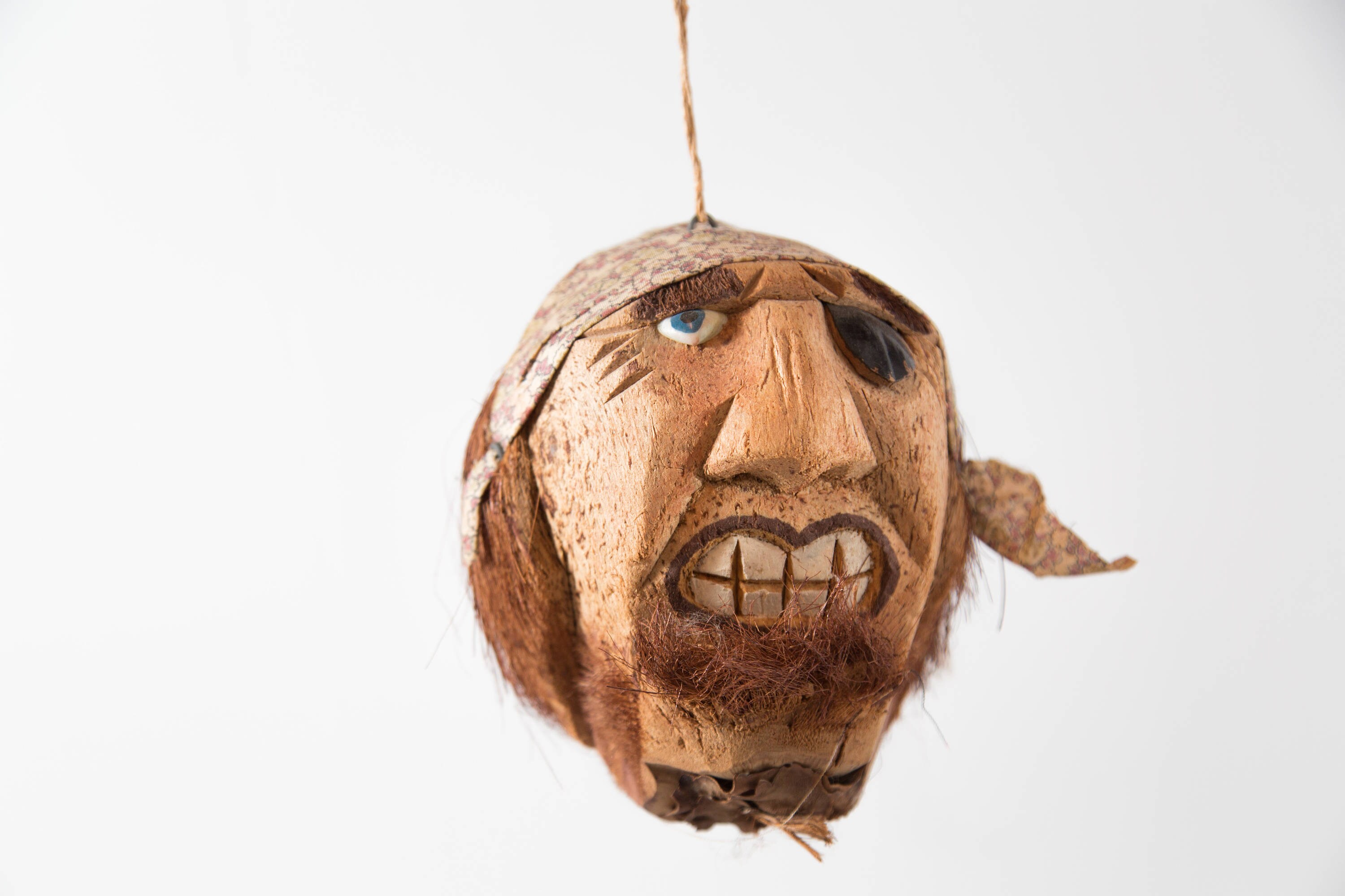 Vintage Coconut Pirate Heads / Pair of Tropical Hanging Carved Coconut