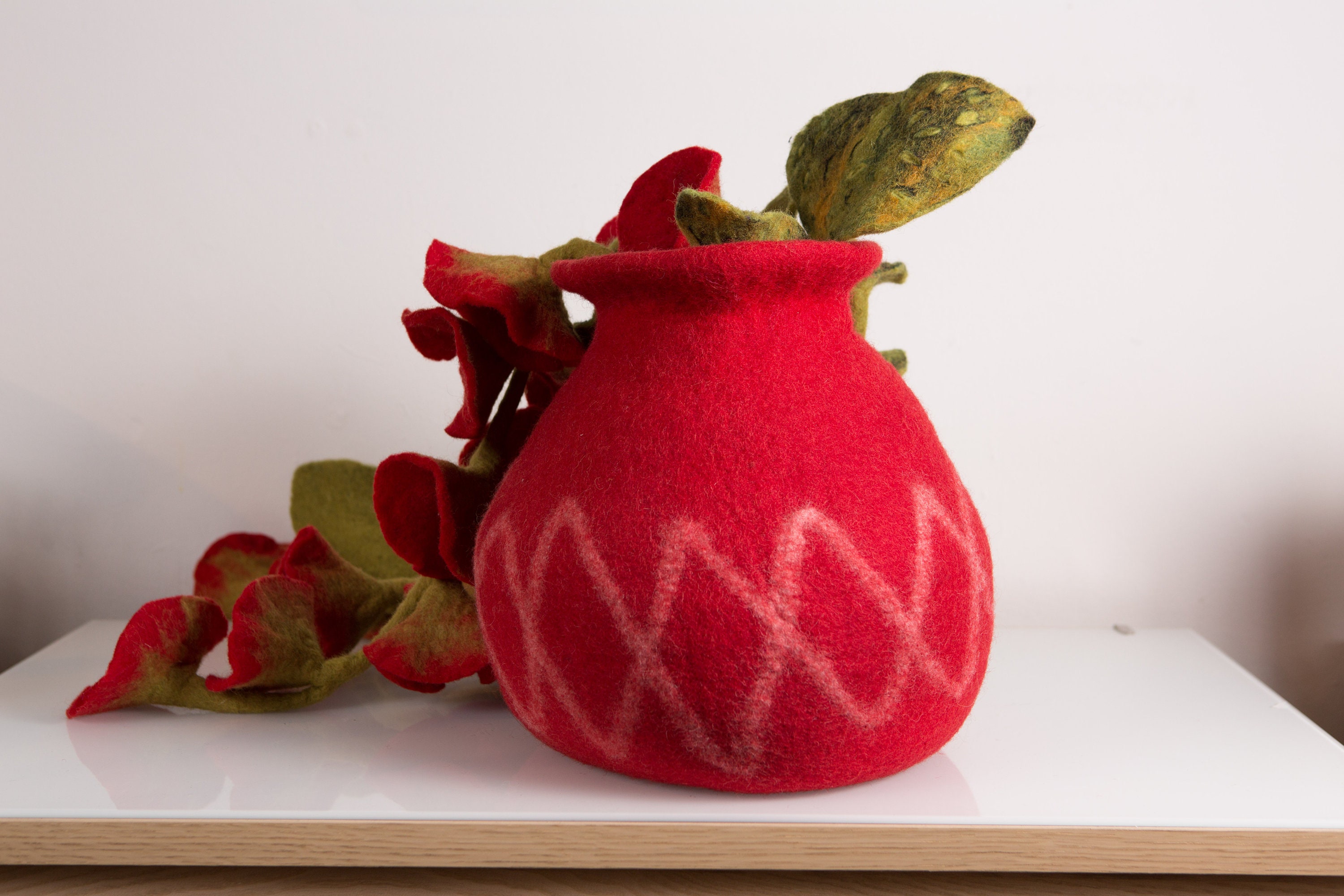 Red Felt Flower Pot with Felt Flowers Dangling Artificla Flower