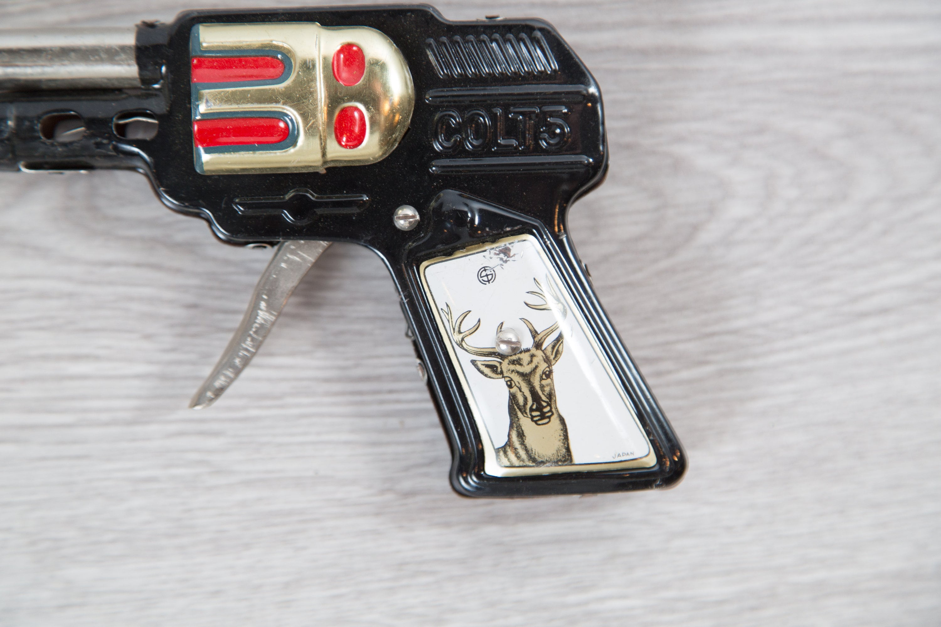 Vintage Toy Gun Colt 5 Pop Sparking Gun with Cork Stopper Made in Japan Tin Metal Western